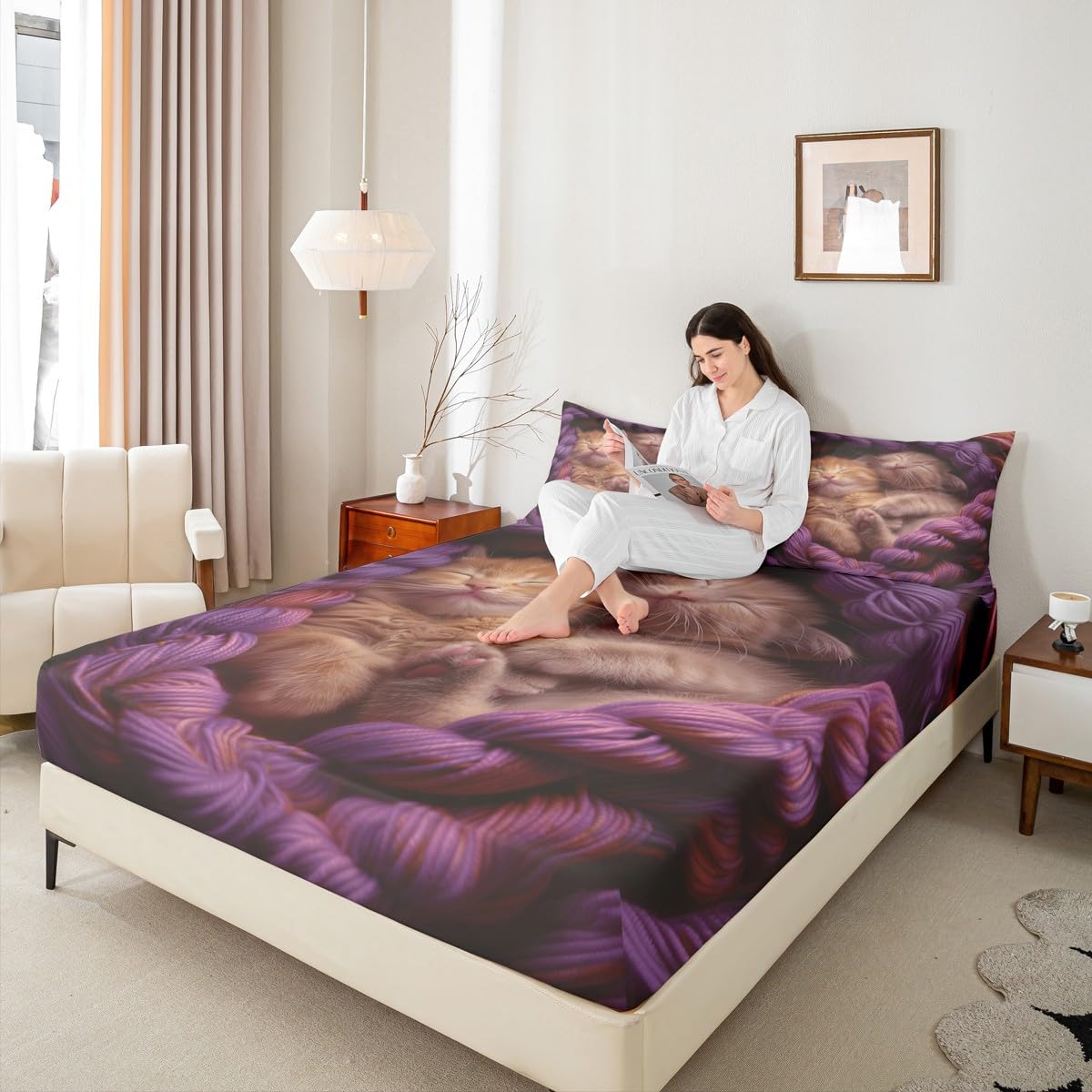 jejeloiu Cats Print Fitted Sheet with 1 Pillowcase Twin Size Animal Bed Sheets Set 16" Deep Pocket Boys Girls Purple Bedding Cute Kitten Teens Bedroom Decor Breathable Lightweight Microfiber