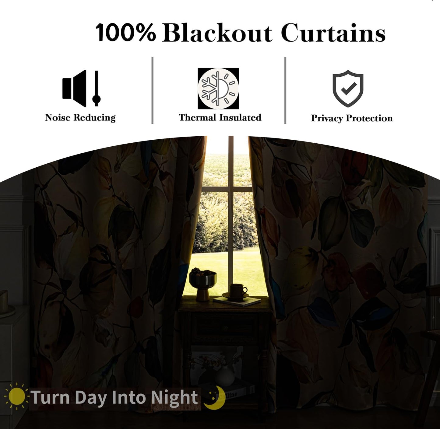 LW&SANHUO Black 100% Blackout Curtains 84 Inches Long for Bedroom 2 Panels Grommet Multicolor Yellow Leaves Print Patterned Black Out Curtains Room Darkening Thermal Insulated Window Drapes, 52Wx84L