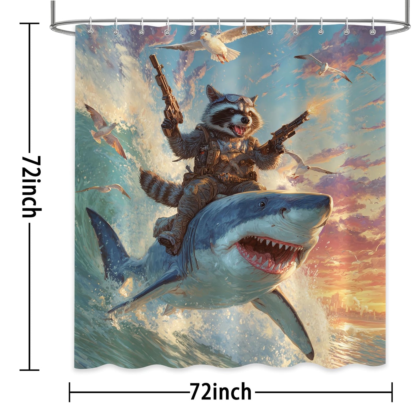 Sokdcam Funny Raccoon Riding Shark Shower Curtain, Fun Cool Animal Ocean Nautical Bathroom Curtains Set, Waterproof Fabric Bath Curtains Decor 72 X 72 Inch