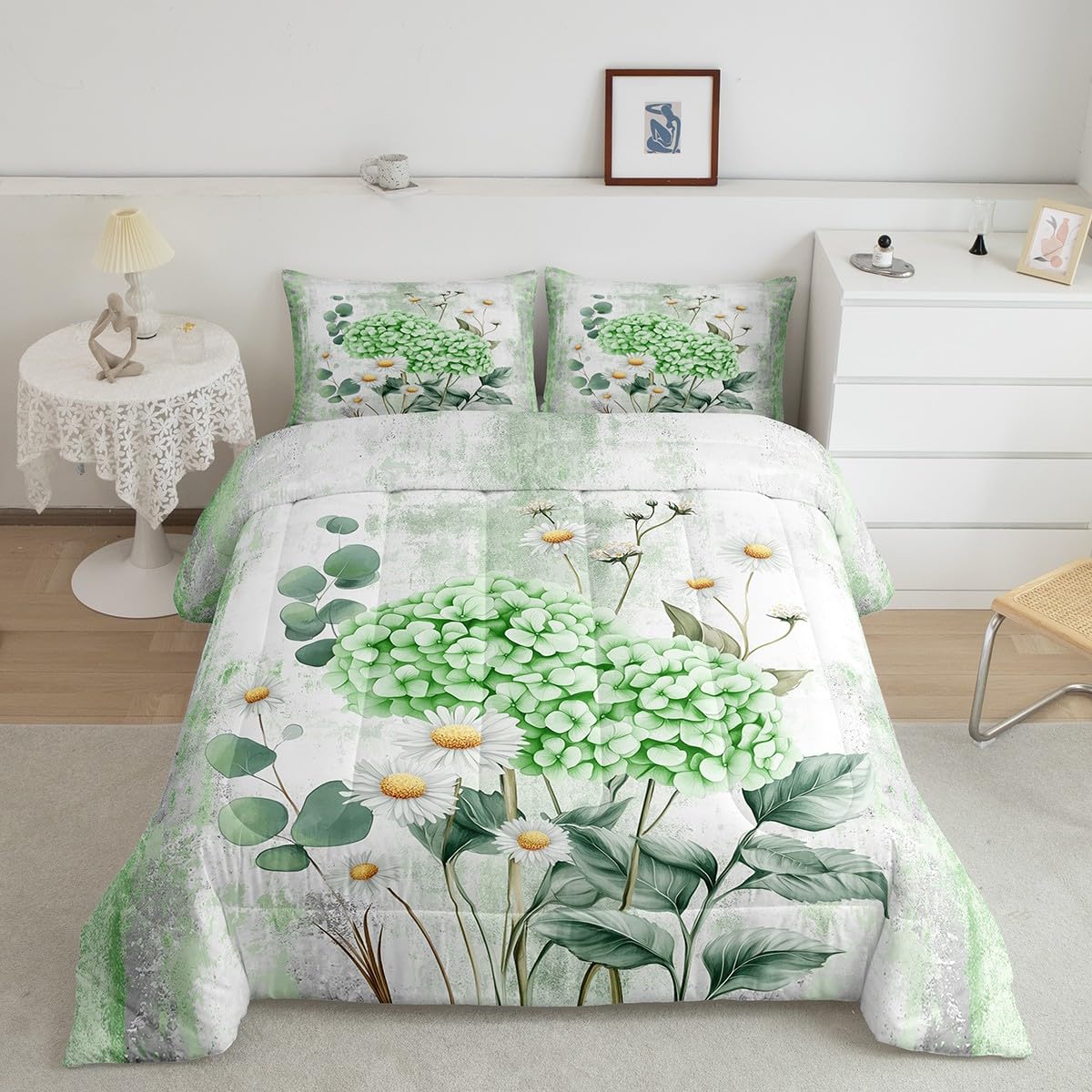 Erosebridal Green Hydrangea Flower Queen Comforter Set Spring Blossom Bedding Set Abstract Oil Painting Bed Set Watercolor Floral Rustic Farmhouse Quilt Set Ombre Green Grey Design for Adults