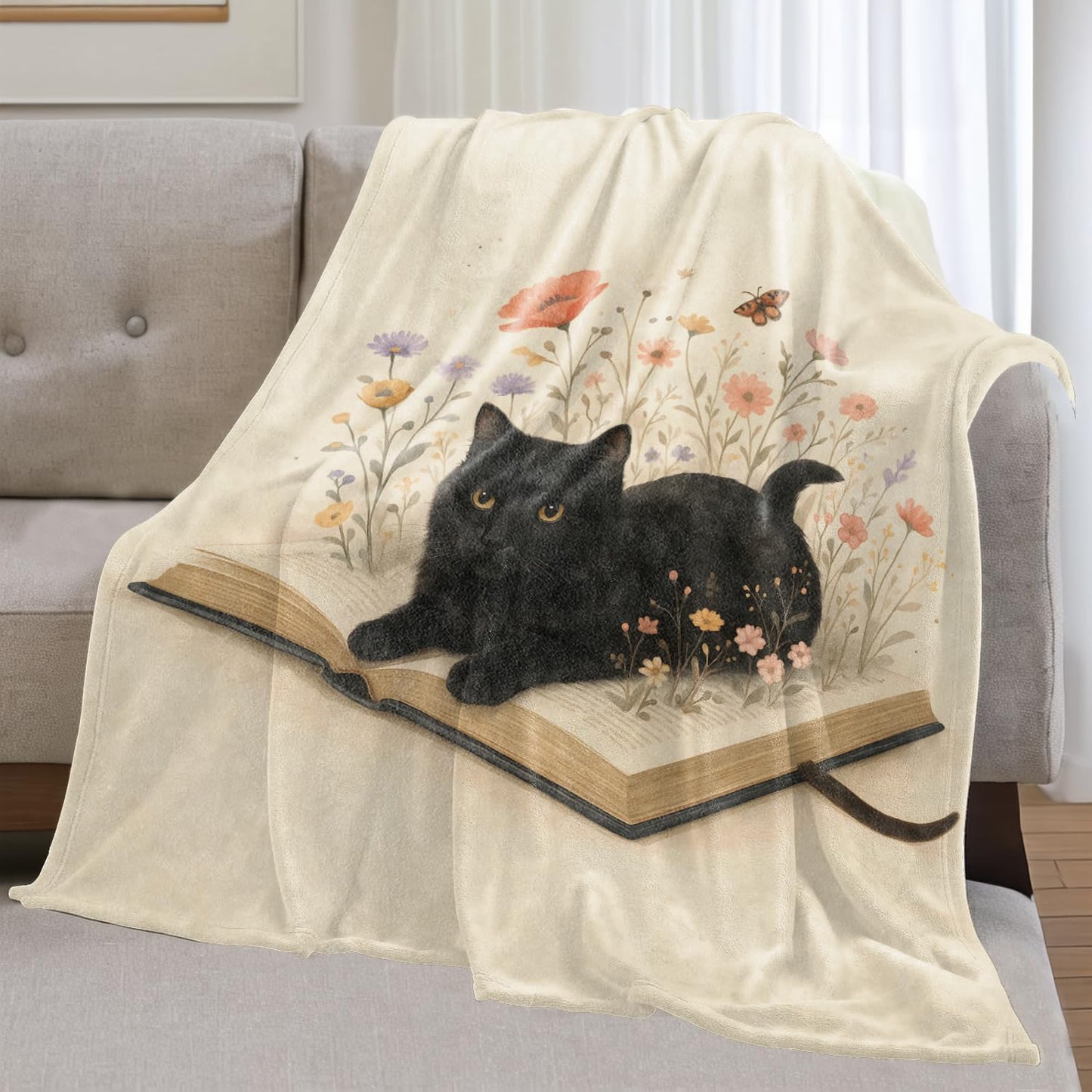 olpddz Black Cat and Book Flannel Blanket Gifts for Kitten Lover,60x50inch,Cozy Literary Throw Blankets with Fantasy Floral and Adorable Pet,for Bedroom,Sofa,Living Room,Camping Home Decor Throws