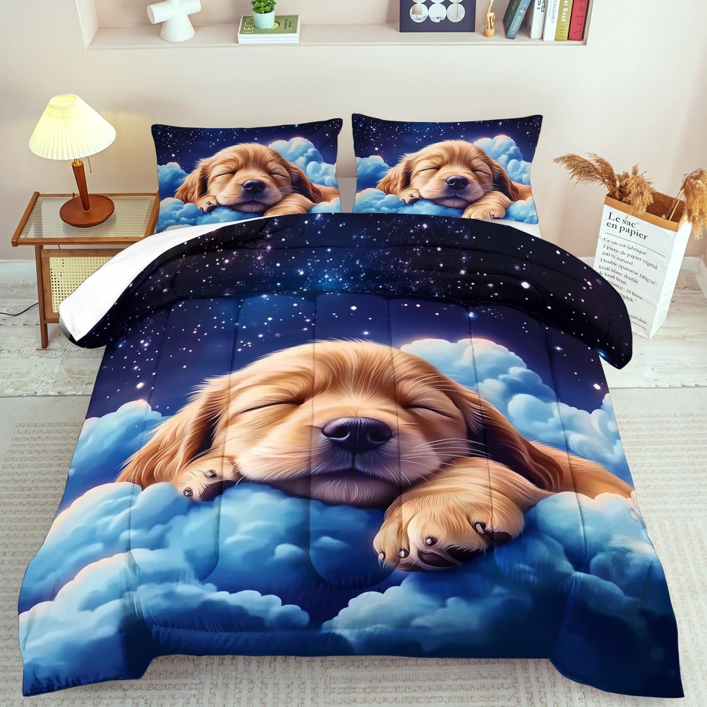 llyxsesty Blue Cute Dog Comforter Set Queen for Kids Blue Animal Bedding Set Boys Kawaii Dog Kids Comforter Queen Quilt Animal Bedroom Decor Starry Sky Bedding Bedroom Decor