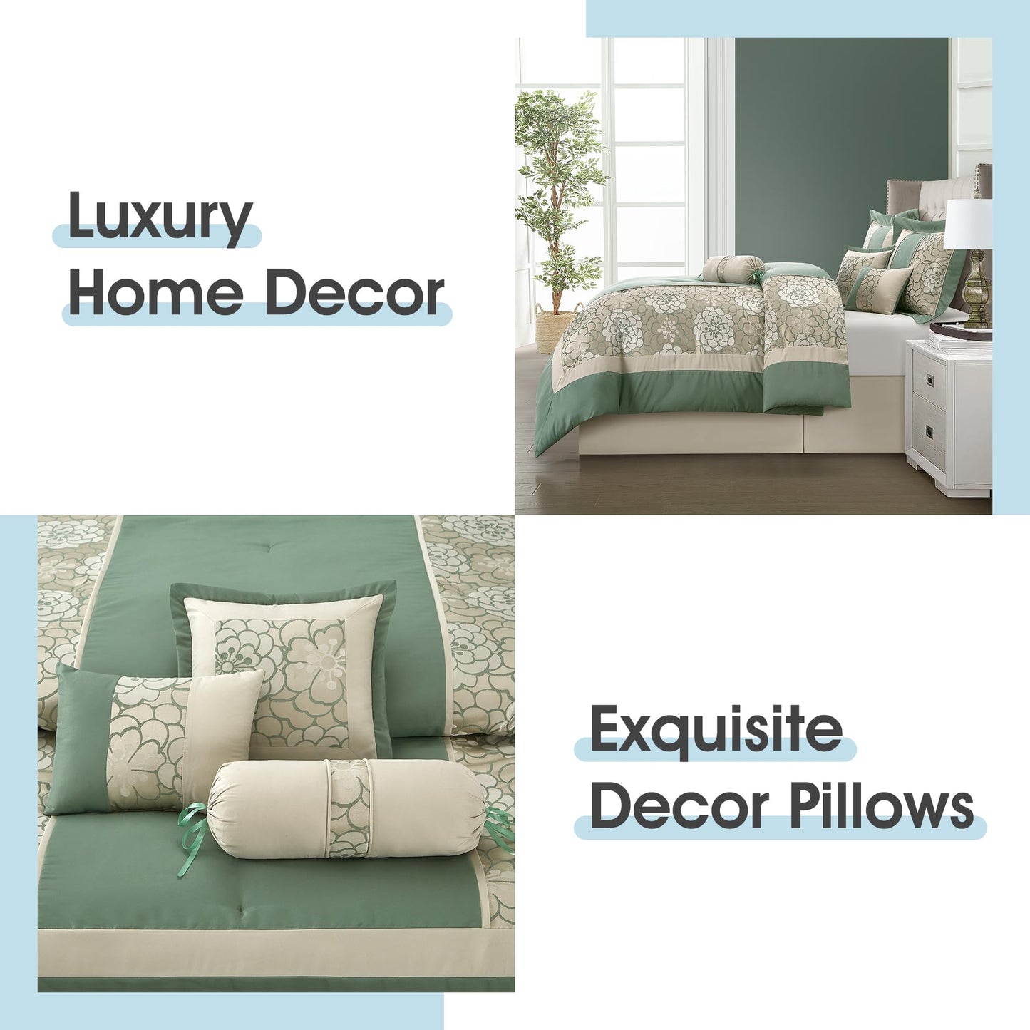 LANCO MODERN LIFESTYLE 7 Piece Queen Comforter Set, Green, Elegant Floral Jacquard, Stylish and Cozy Bedding Collection, Premium Bedding Set with Bedskirt, Shams and Pillows