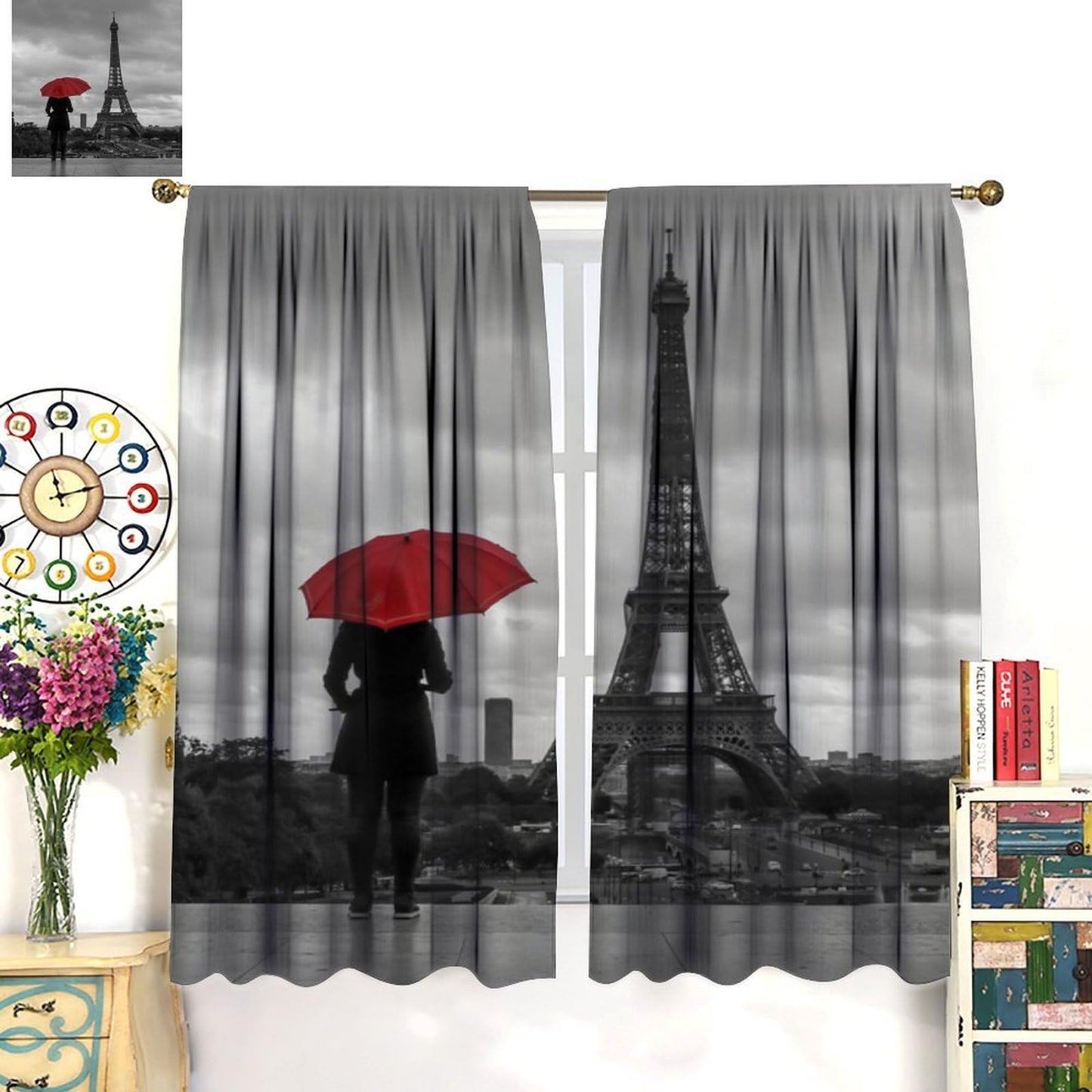 ACOOLTD Paris Eiffel Tower Window Curtains Black Red Umbrella White Style Rod Pocket Blackout Treatments for Living Room Bedroom Home Decor Window Drapes 2 Panels 42" W X 45" L