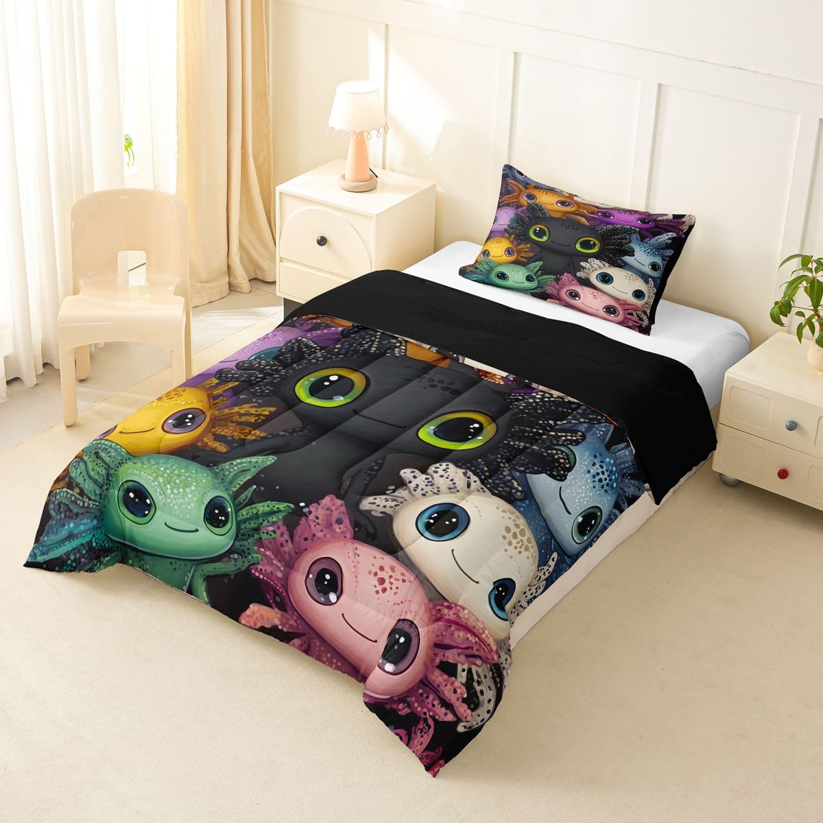 Manfei Kawaii Salamander Kids Comforter Toddler Size,Cute Axolotl Quilt Set for Kids Boys Girls Bedroom Decor,Cartoon Wildlife Kawaii Style Bedding Set,Black Duvet Insert,1 Pillowcase