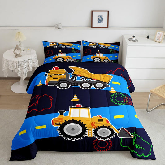 Kids Excavator & Construction Vehicle Bedding Set - Queen Size Comforter, Duvet & Quilt Set - Cartoon Trucks, Bulldozers & Tractors - Colorful