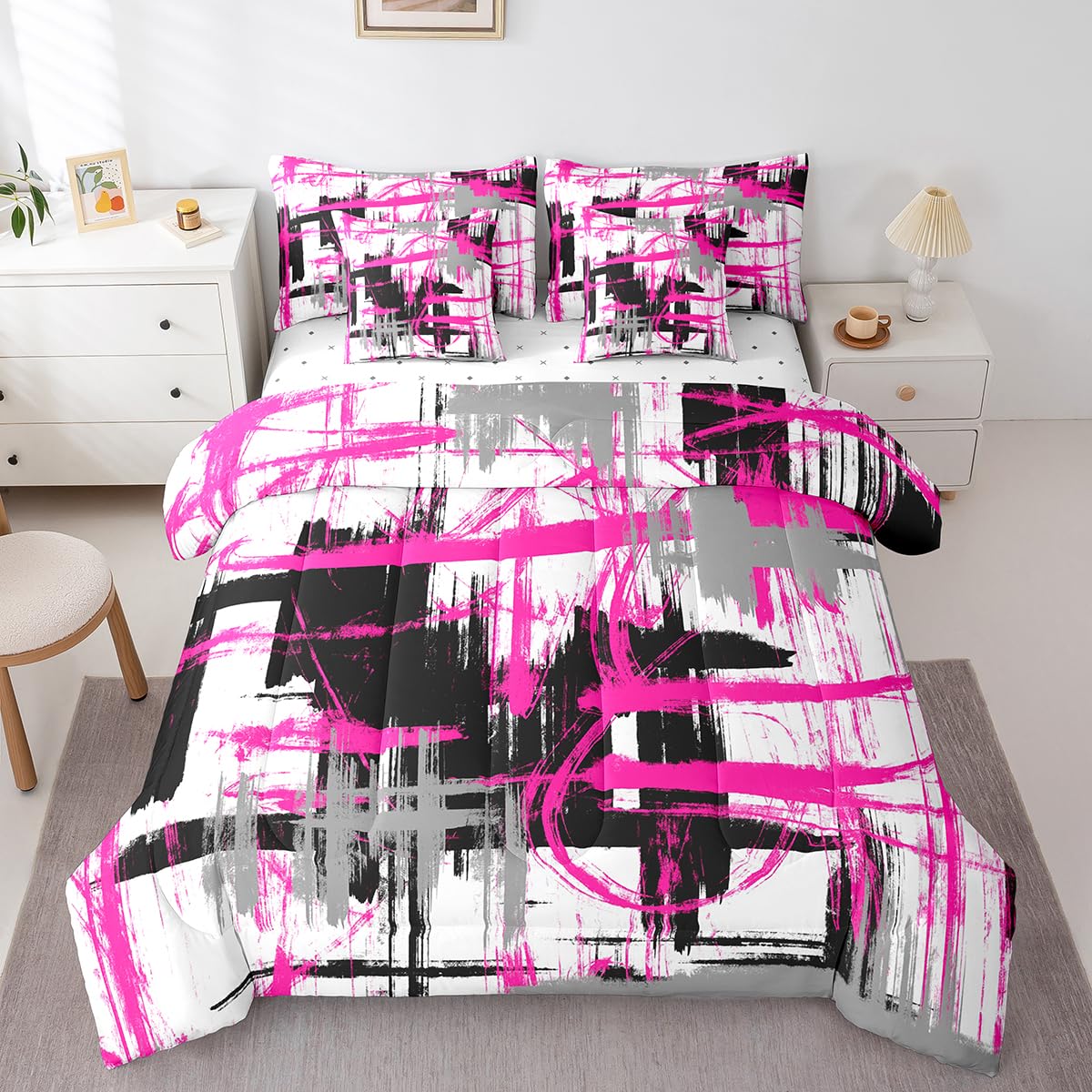 Feelyou Rose Pink Grey Black Comforter Set Queen Size Kids Abstract Art Comforter for Boys Modern Striped Art 7 Pieces Bedding Set Geometric Duvet Set Room Decor Quilt Set