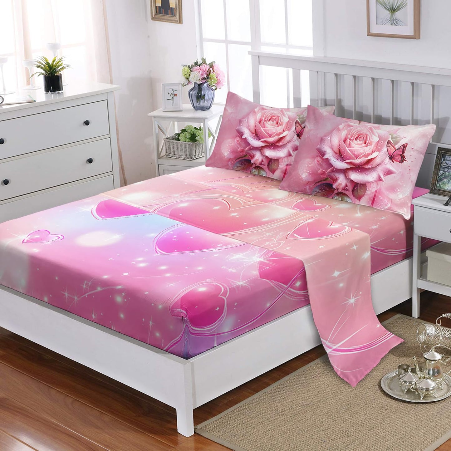 AILONEN Pink Rose Comforter Set Full Size for Girls Women,7-Piece Soft Bed in a Bag,Rose Flower Butterfly Comforter & Fitted Sheet & Flat Sheet & 2 Pillowcases,2 Pillow Shams