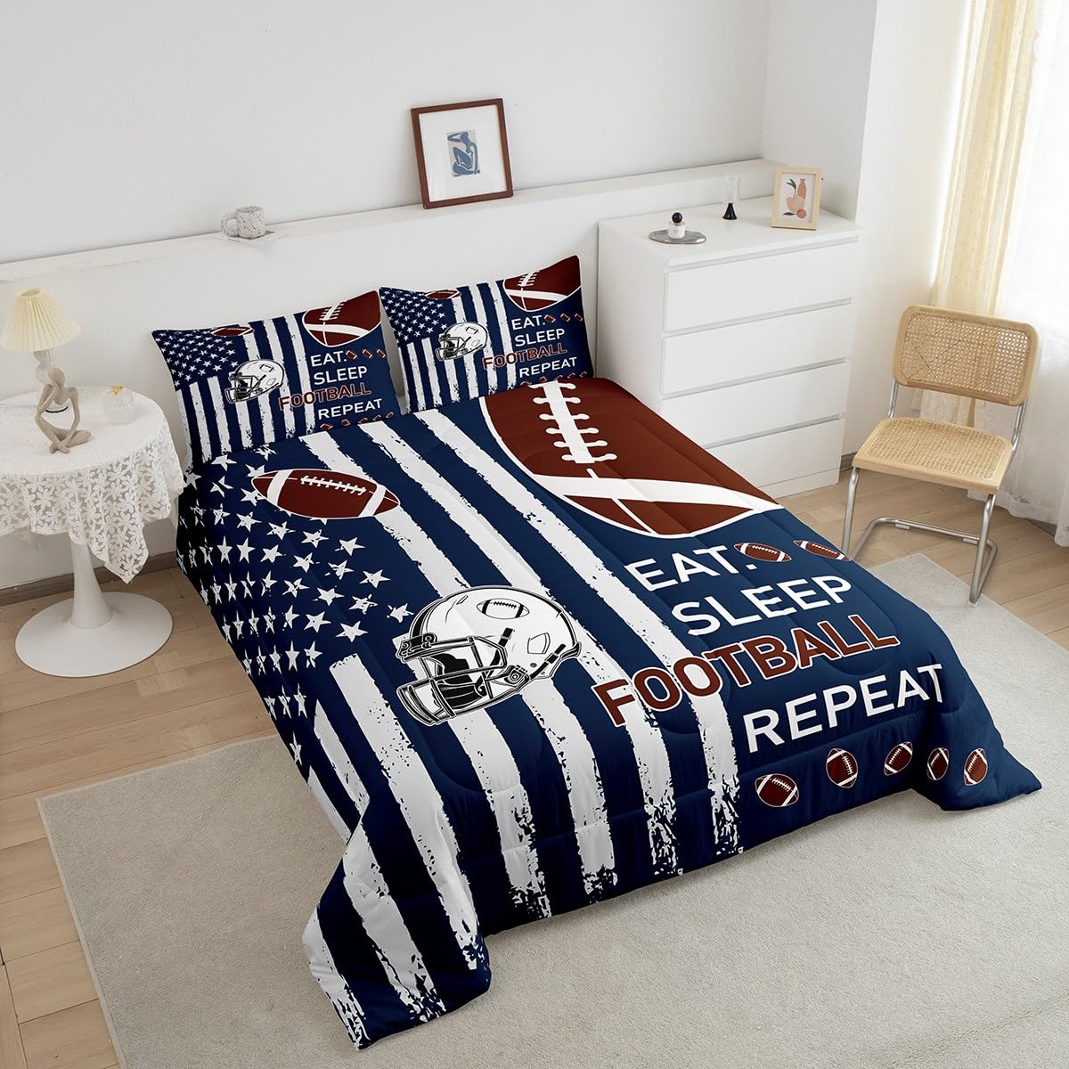 Feelyou Football Kids Boys Girls Bedding Set Queen Size Football City Themed Comforter Set Ultra Soft Rugby Helmet Comforter Flag Print Duvet Quilt Bedroom Decor Rugby Game Quilt