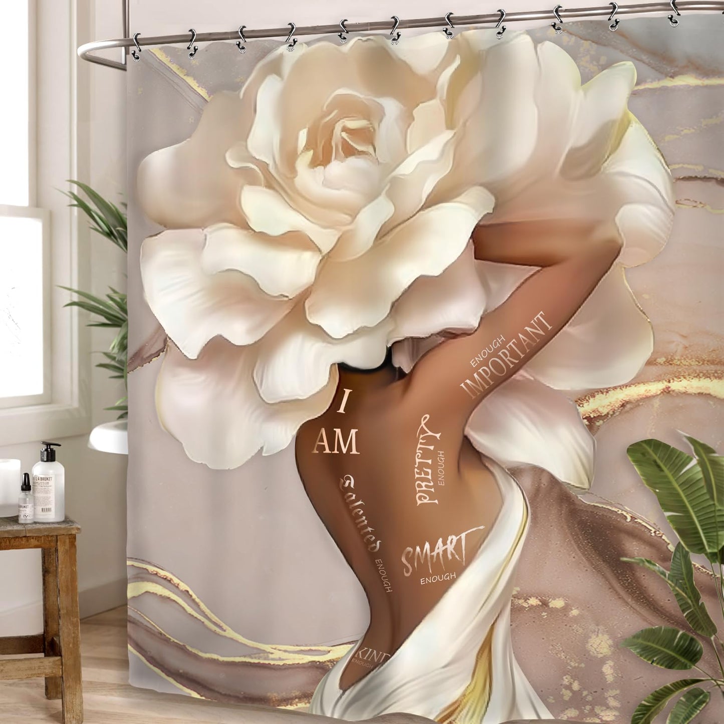 Yookeb African American Flower Bathroom Shower Curtain 60W by 71H Inch Black Girl Woman Sexy Marble Inspirational Motivational Positive Polyester Fabric 12 Plastic Hooks Waterproof Decor
