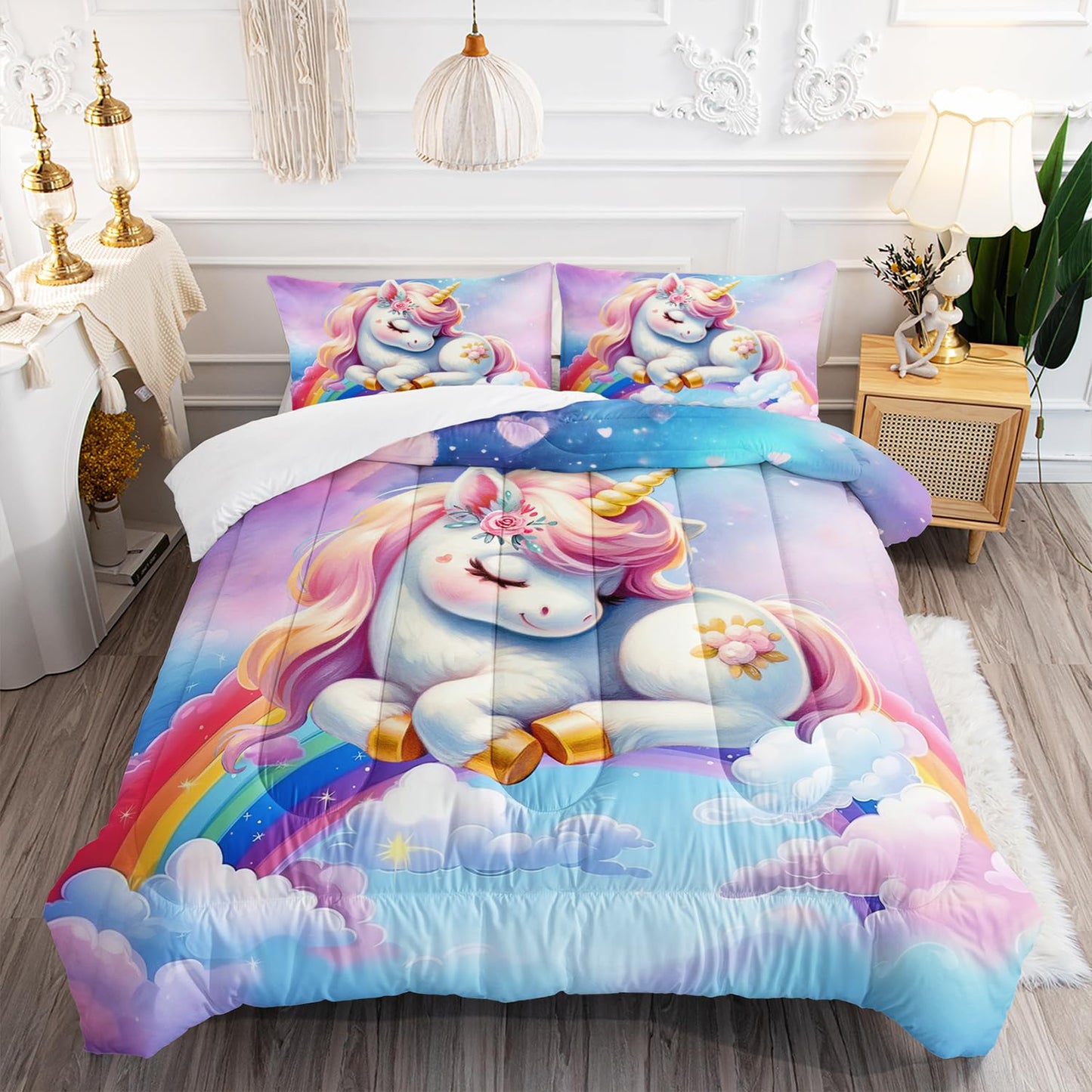 XYNHML Pink Blue Unicorn Comforter 3pcs Full Kids Clouds Rainbow Flowers Quilt Boys Girls Bedding Set Cute Printed Fantasy Room Decor Bed Set with 1 Comforter and 2 Pillowcases