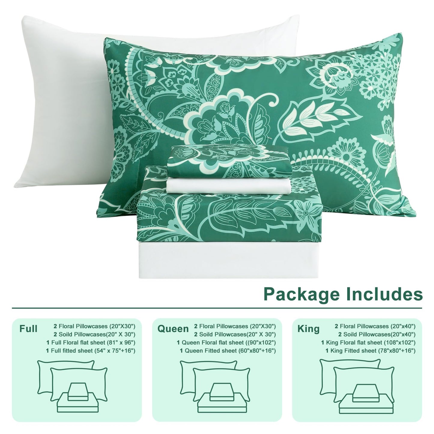 Botanical 6-Piece Full Size Sheets Set, Boho Floral Print Brushed Microfiber Sheets, Cooling Bed Sheet Set, Ultra Soft & Breathable, 16' Deep Pocket Fitted Sheet & Pillowcase Set, Green Paisley