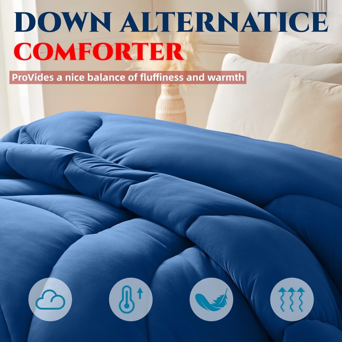 Yuncojin Down Alternative Comforter King Size,Soft Fluffy Duvet Insert for All Seasons,Lightweight Winter Bed Quilt,Skin Friendly,Navy Blue,104"x90"