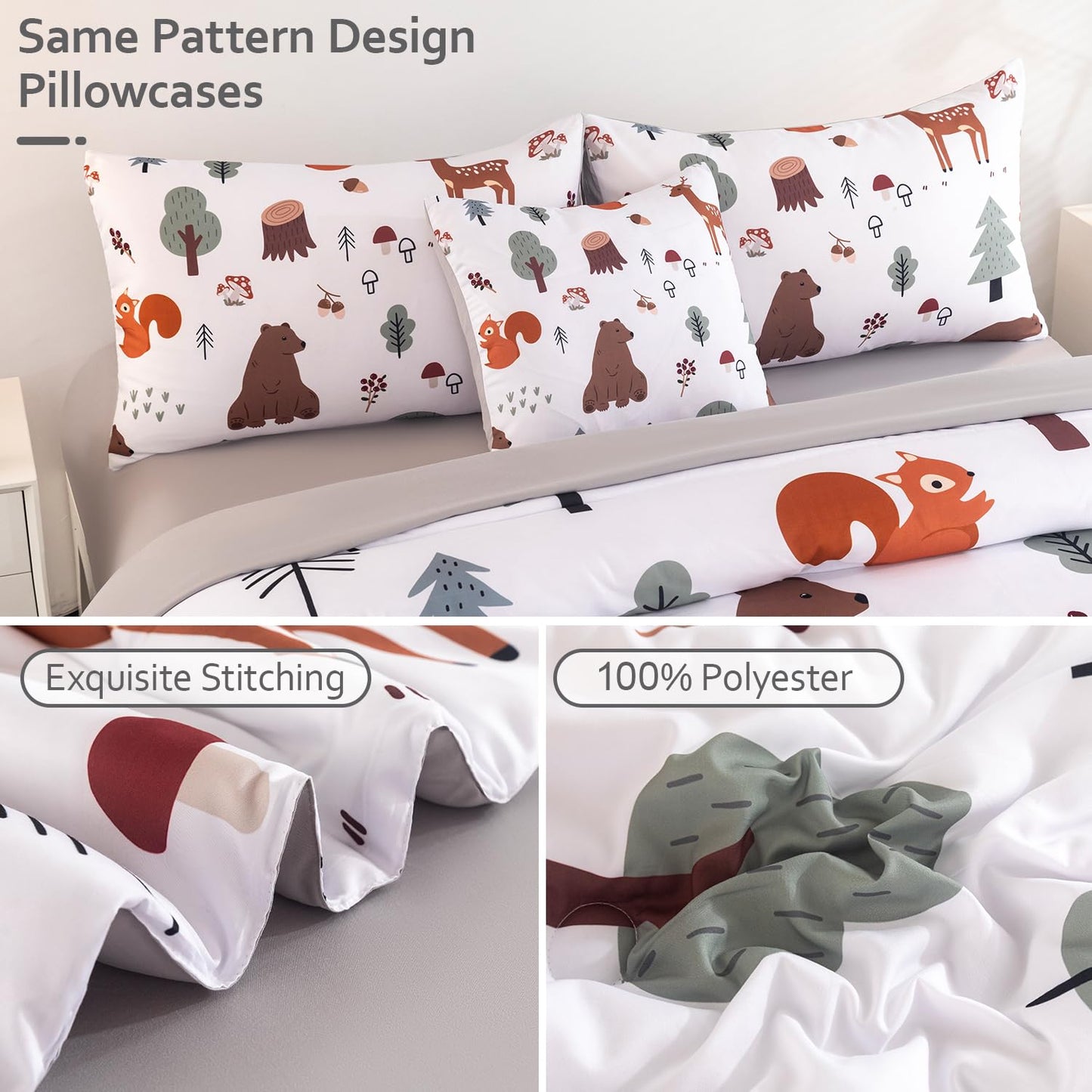 BYHOFMLY Twin Bedding Sets for Boys Girls 6 Pcs White Woodland Animals Kids Comforter Set with Sheets Forest Theme Teen Boy Bed in A Bag for All Season(Forest, Twin)