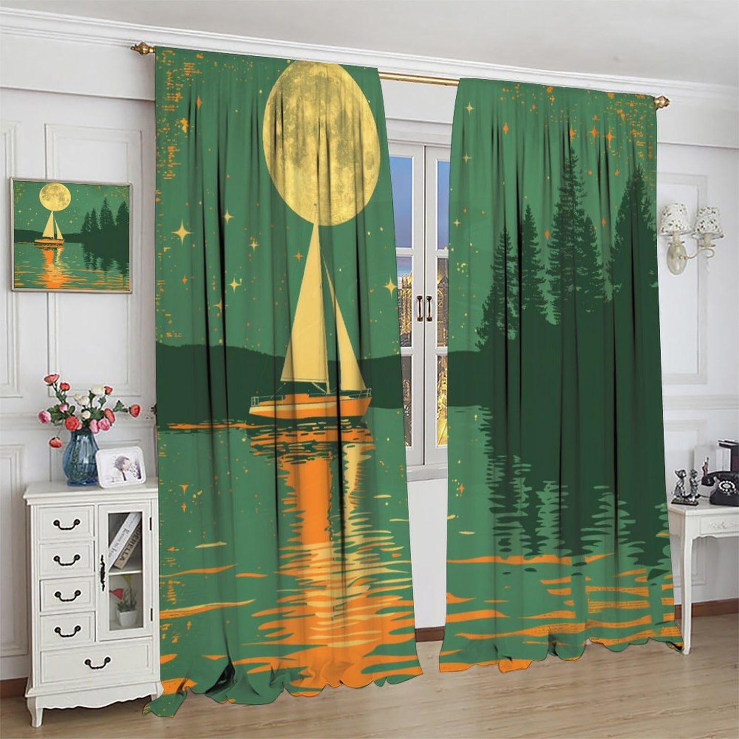 TOWINSFB Nautical Sailboat Moon Blackout Curtains for Living Room Bedroom, Fantasy Star River Ship Forest Window Curtains Rod Pocket Thermal Insulated Window Drapes, 2 Panels, Each 21" W x 45" L