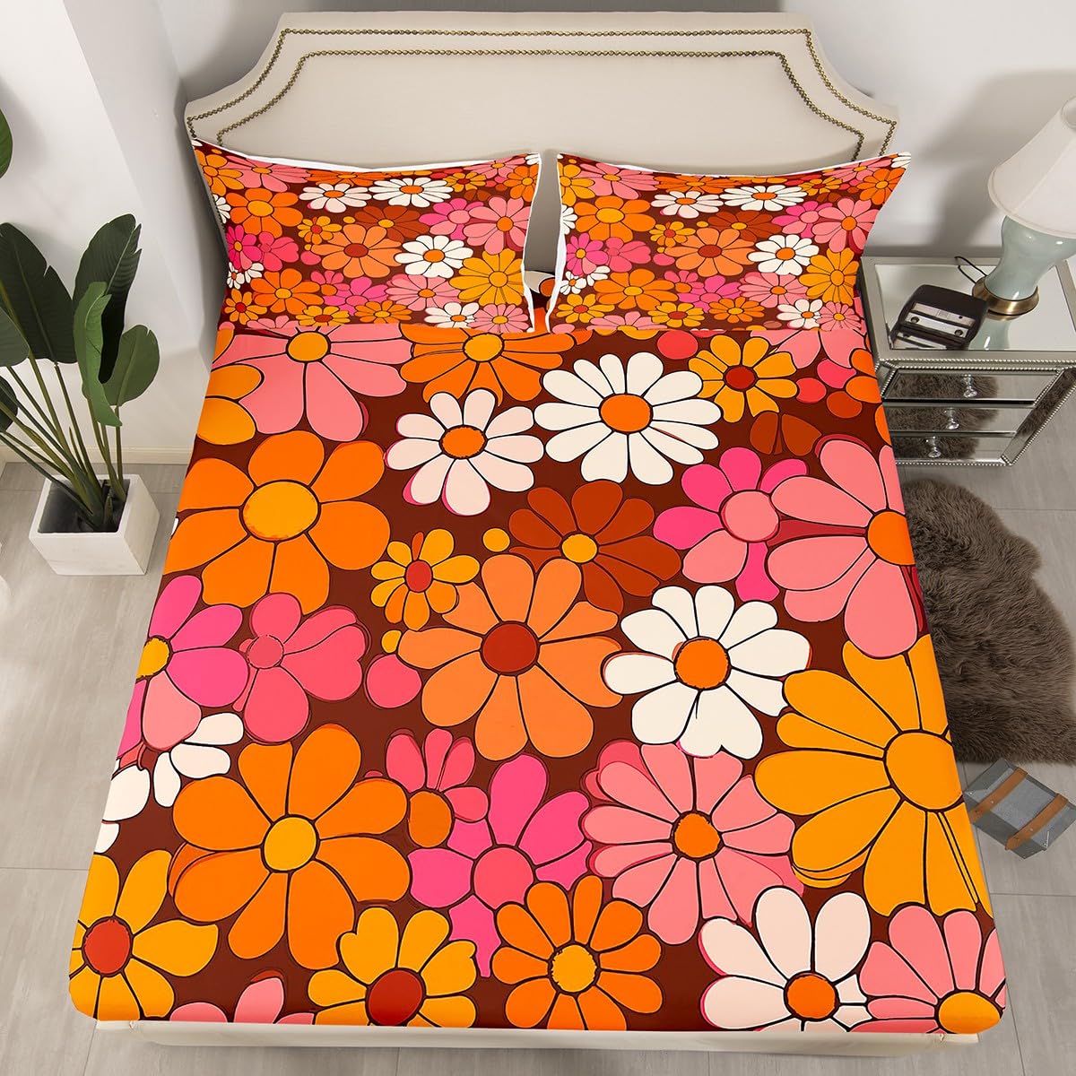 Erosebridal Groovy Floral Queen Sheet Set for Girls Retro Flower Sheets Chic Daisy Sheet & Pillowcase Sets Groovy Party Decorations Bed Sheets 70s Party Decorations Fitted Sheet 2 Pillowcase