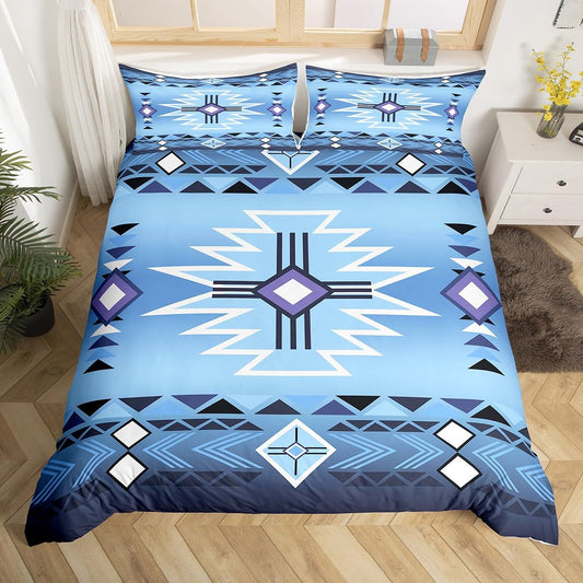 Blue Aztec Tribal Arrow Stripes Duvet Cover Set King Size,Southwestern Bedding Set for Kids Girls Boys Adult Room Decor,Rustic Farmhouse Comforter Cover Vintage Cowboy Quilt Cover,2 Pillowcases