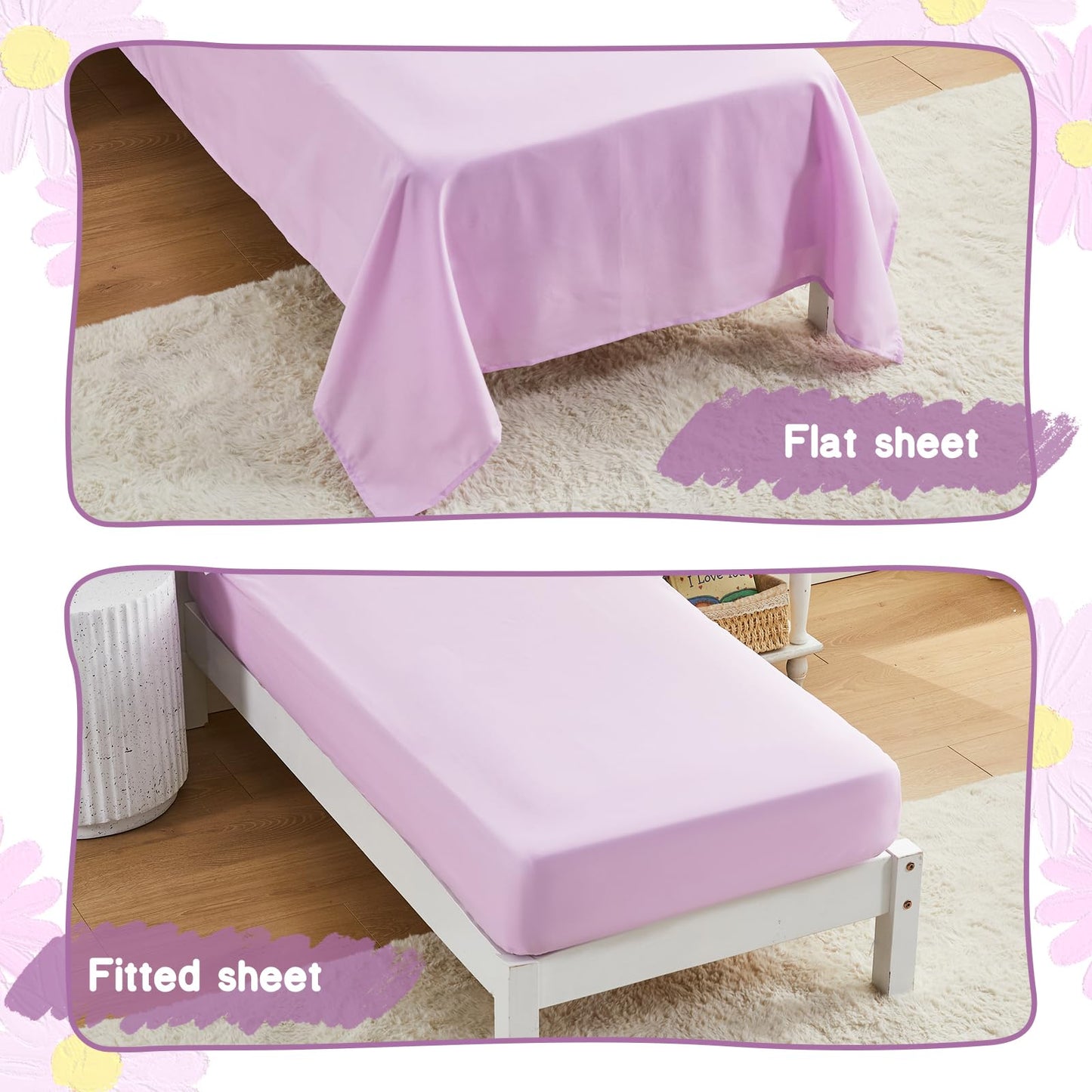 Toddler Bedding Set for Girls 4-Piece Purple Boho Tufted Daisy Flowers Toddler Bed Comforter Set Bed-in-a-Bag Toddler Sheets Bedroom Set with Toddler Comforter, Flat Sheet, Fitted Sheet, Pillowcase