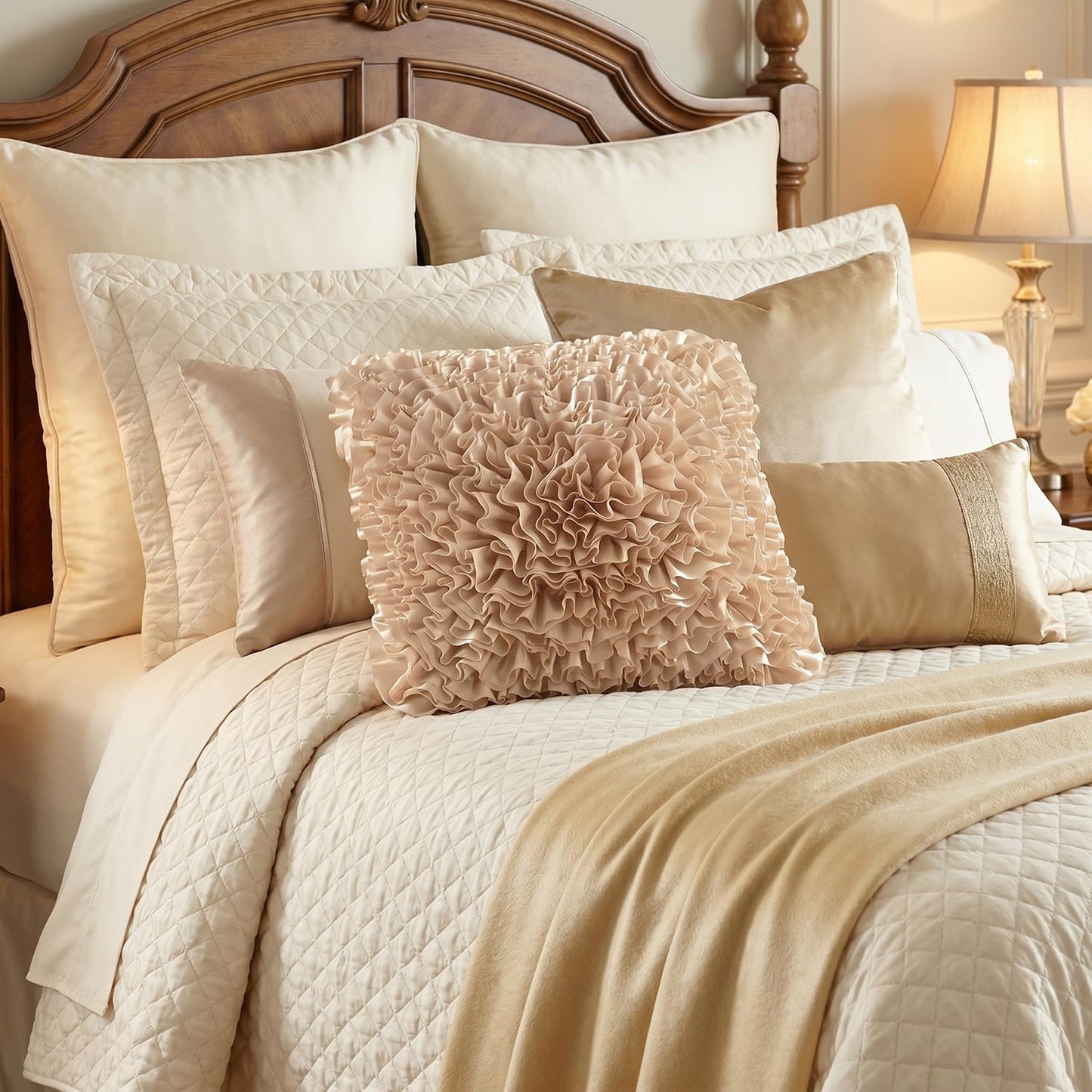 Bella's Giftshop Beige Taupe Ruffle Decorative Throw Pillow Covers 18x18 Inch for Bed Sofa Couch, Handmade 3D Faux Silk Accent Pillow case, Boho Living Room Decor