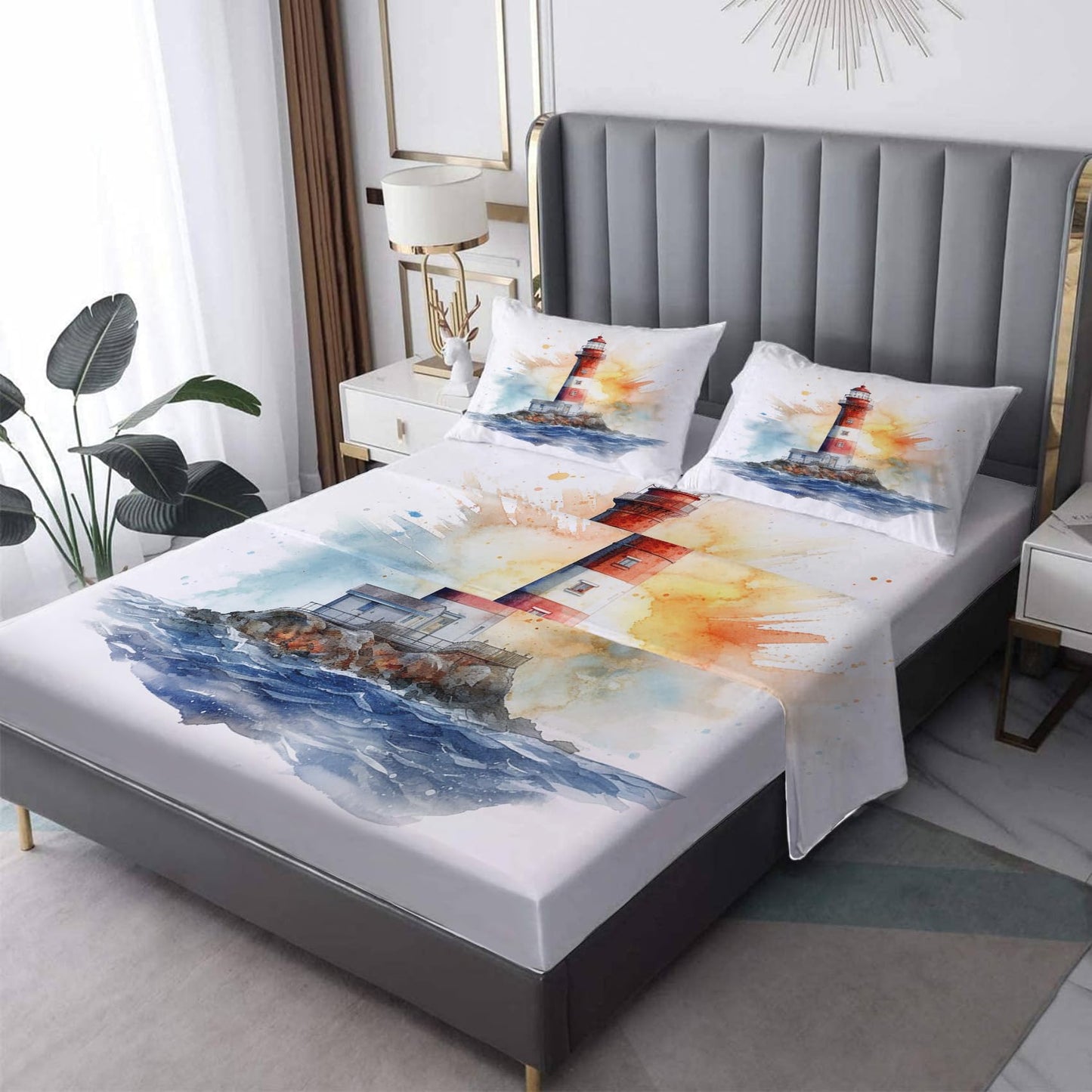 Lighthouse Sheets King Sheet Sets - Nautical Bed Sheets, Soft Microfiber & Deep Pocket & Wrinkle Free Patterned Bedding Sheets & Pillowcases, 4 Piece ( 1 Fitted Sheet, 1 Flat Sheet, 2 Pillow Cases )