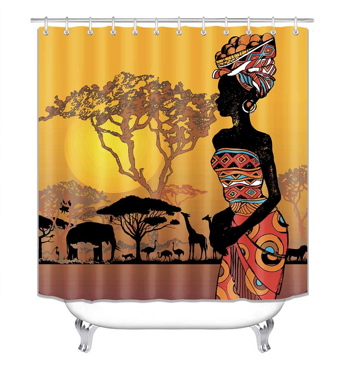 Jayden Madge 4PCS Afro Girl Shower Curtain Set, Sunset Safari Animals African Ethnic Tribal Melanin Black Women Bathroom Decor, Waterproof Fabric Yellow Shower Curtain, Non-Slip Bath Mat Toilet Rug