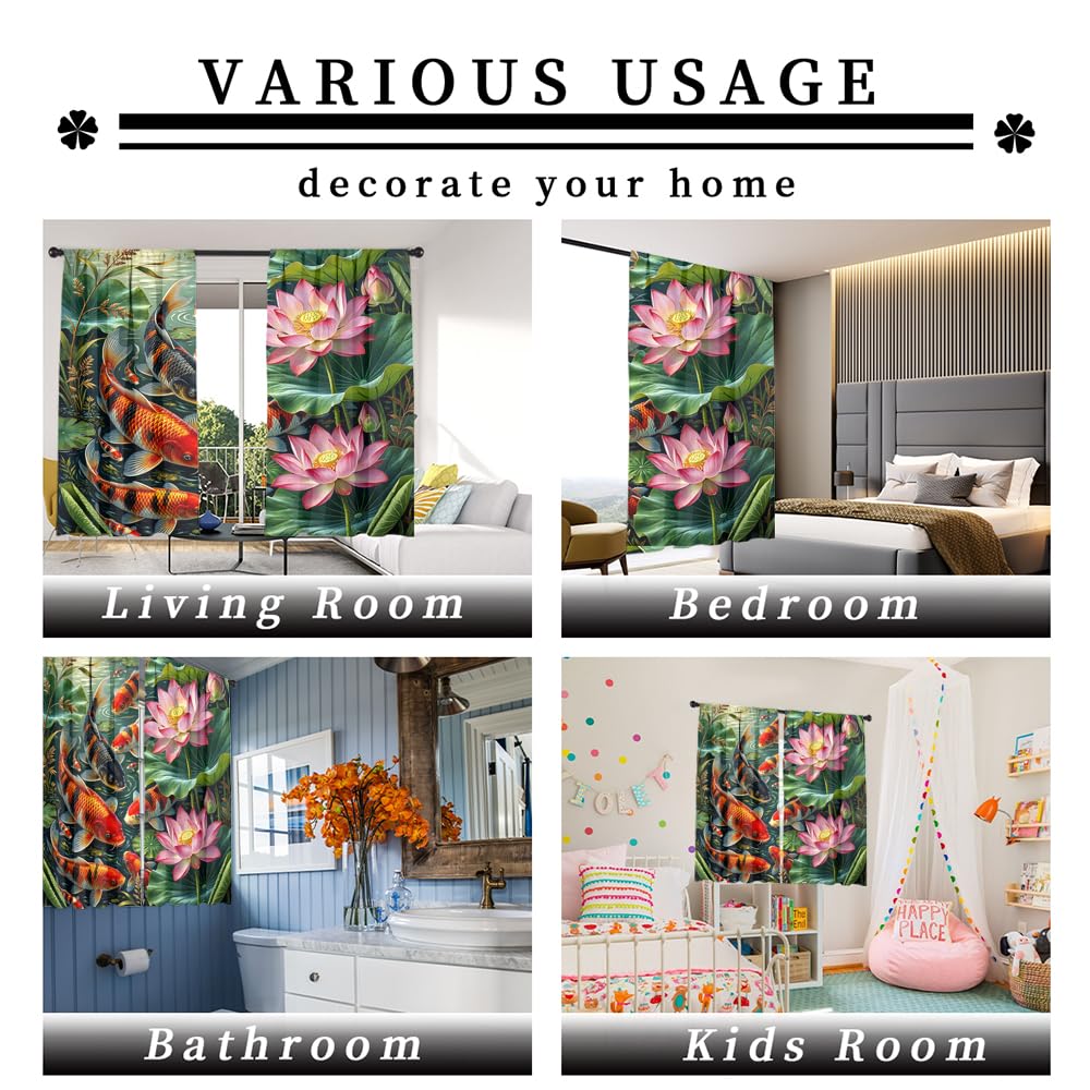 KuracleGH Retro Japanese Lucky Fish Blackout Curtains-Traditional Asian Oriental Fish Rod Pocket Back Tab Drapes,Summer Pond Lotus Floral Leaves Thermal Insulated Curtain,2pcs,Each 21“W x 45”L