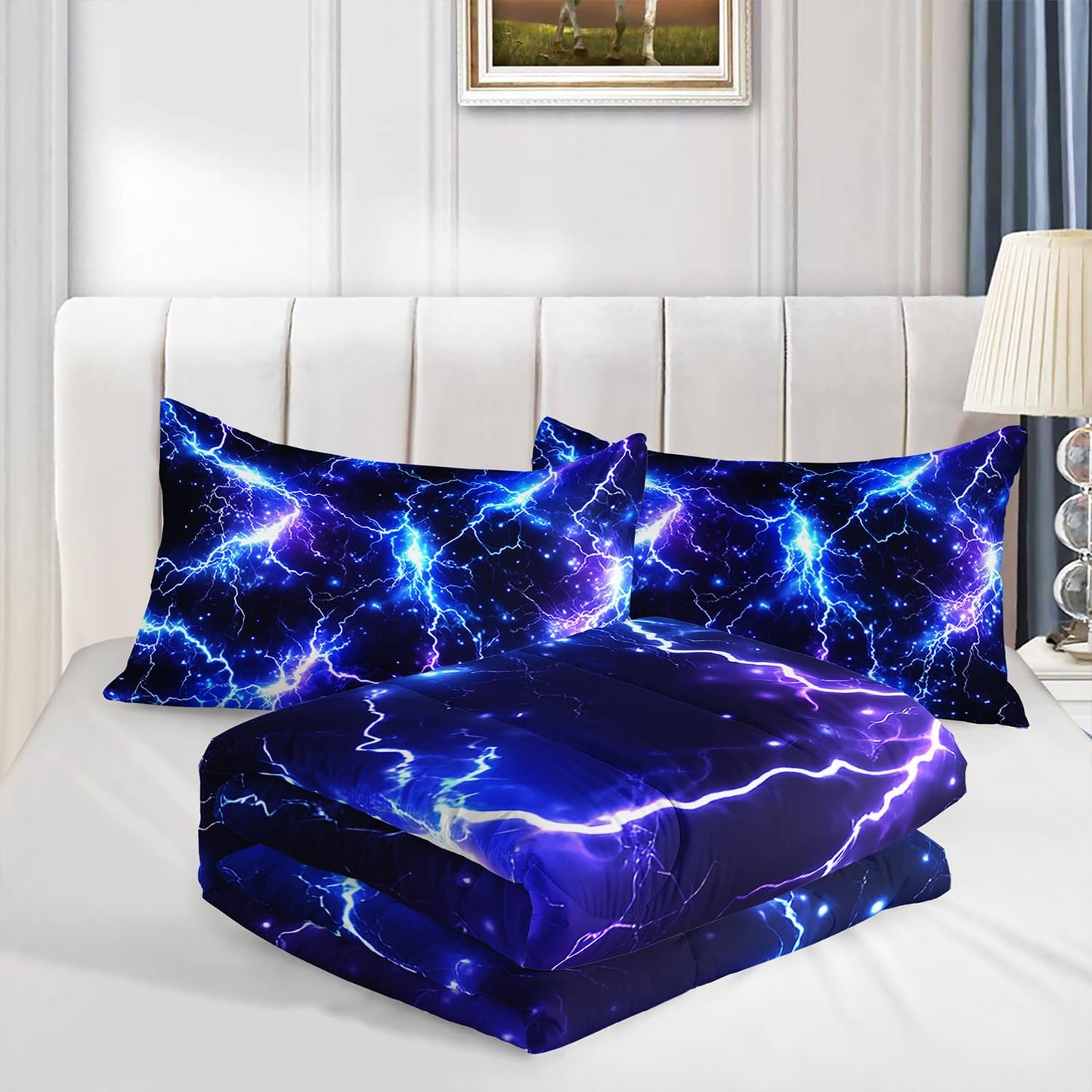 XYNHML Blue Lightning Printed Themed Comforter 3Pcs Twin Sky Natural Disaster Thunder Bedding Set for Kid Teen Girl Boy Adult Mysterious Thunderstorm Quilt Bed Decor with 1 Comforter & 2 Pillowcases