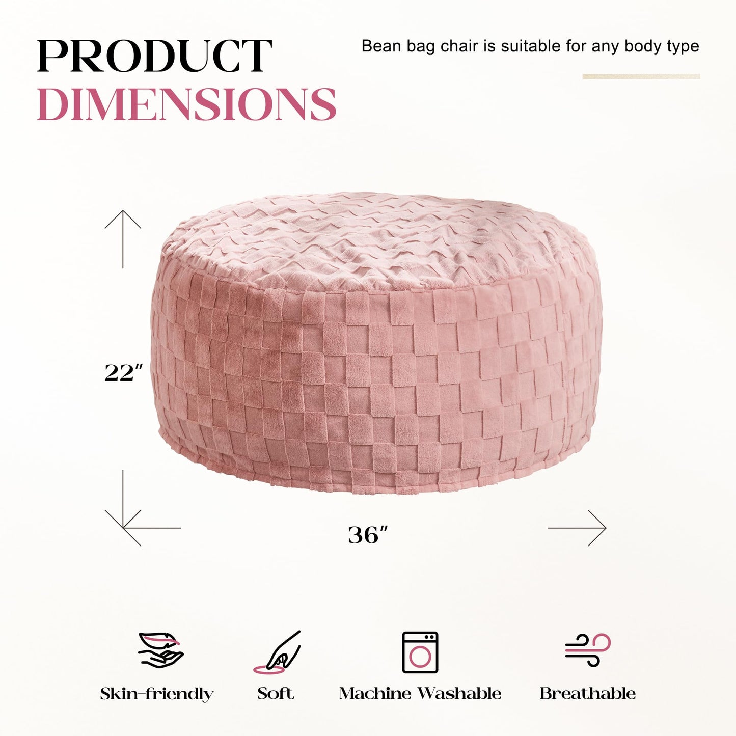 Hobestluk Bean Bag Chairs Beanbag Chair with Filler Adult Bean Bags with Fluffy Plaid Cover, Giant Bean Bag Chairs for Adults for Living Room, Bedroom (Pink, 3FT - 36” x 36” x 22”)