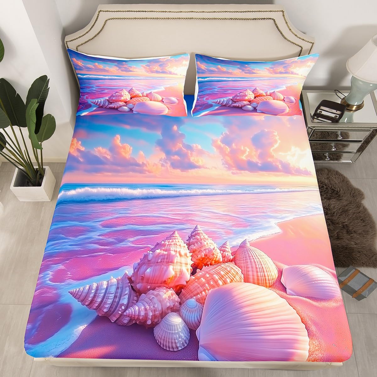 Feelyou Ocean Beach Bedding Sheets Full Pink Purple Beach Bed Sheet Set for Adult Kids Starfish Seashell Fitted Sheet Beach Theme Bed Cover 3Pcs,1 Fitted Sheet+2 Pillow Sham（No Flat Sheet）