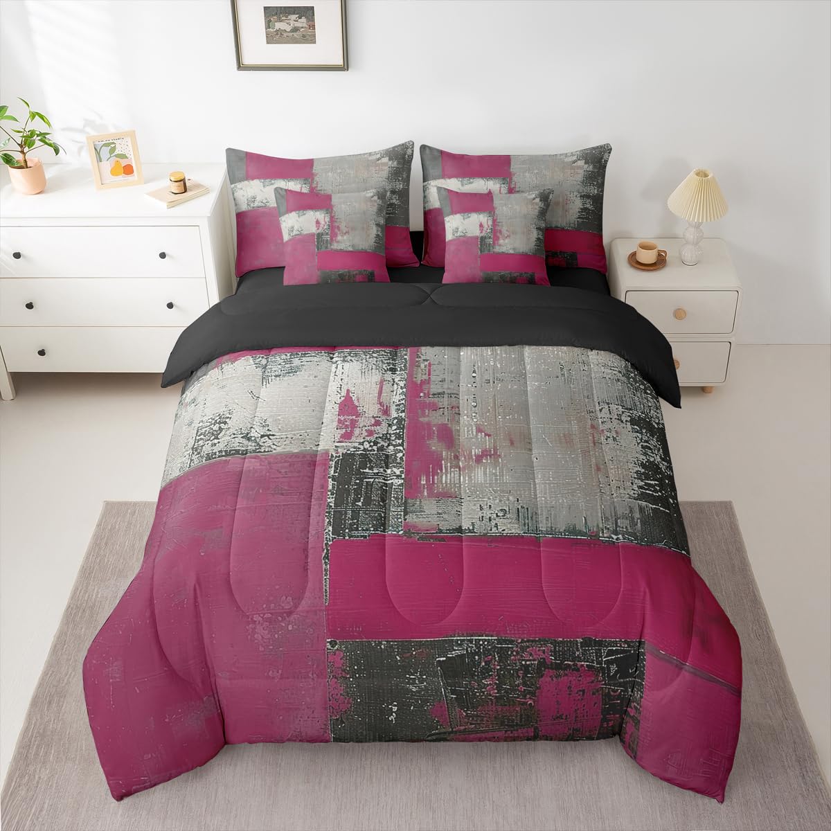 Feelyou Abstract Comforter Set with Sheets 7 Piece King Size Modern Abstract Art Bedding Set for Kids Boys Girls Luxury Bed in a Bag Geometric Room Decor Gray Rose Soft Lightweight Microfiber