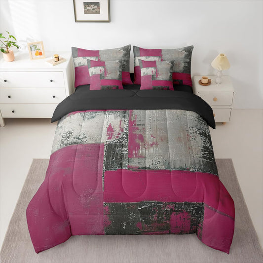 Feelyou Abstract Comforter Set with Sheets 7 Piece King Size Modern Abstract Art Bedding Set for Kids Boys Girls Luxury Bed in a Bag Geometric Room Decor Gray Rose Soft Lightweight Microfiber