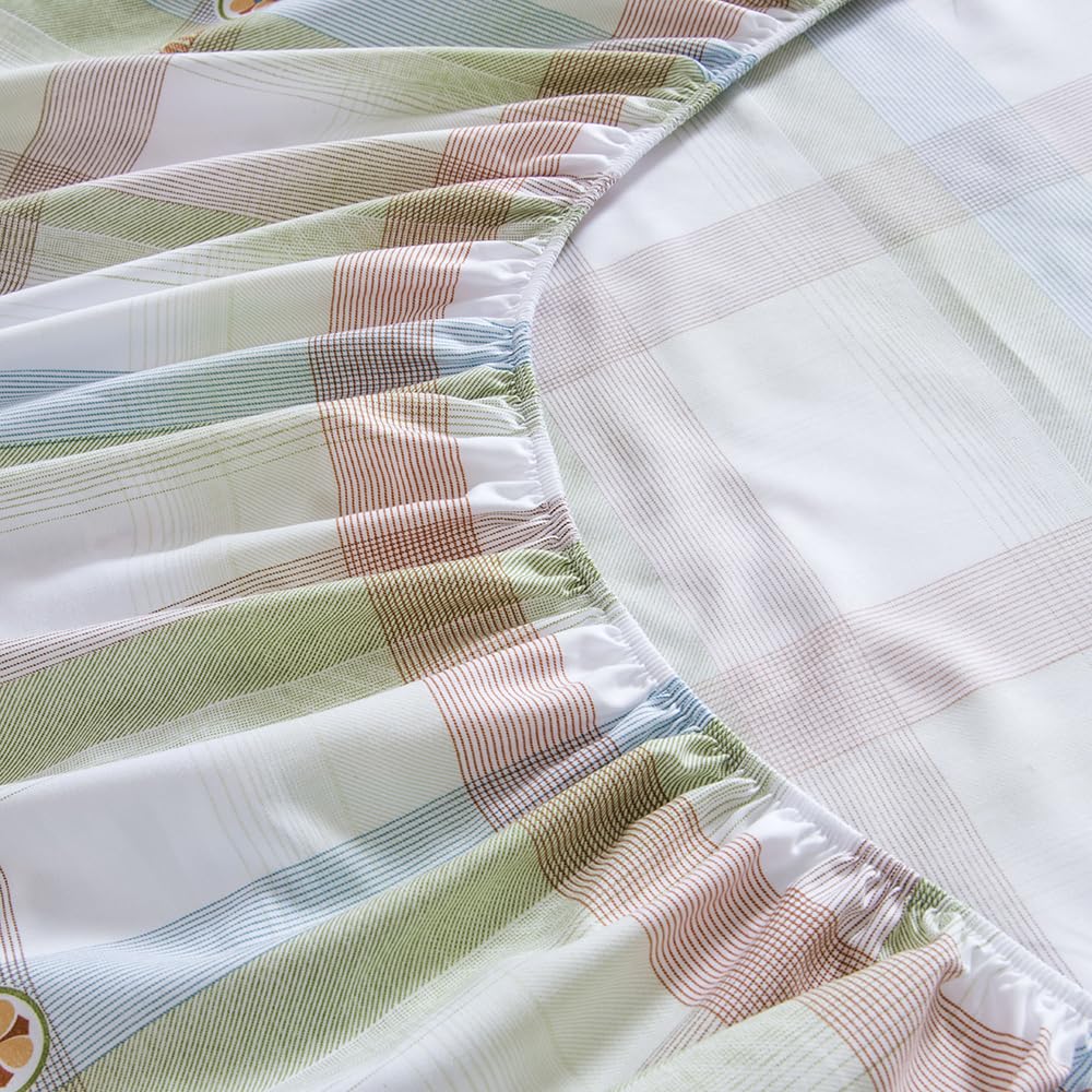NATURETY Bedding Fitted Sheet with Deep Pocket,Modern Design Light Green Linellae Pattern Printed Fabric Bed Sheets (Green Checkered, Twin)