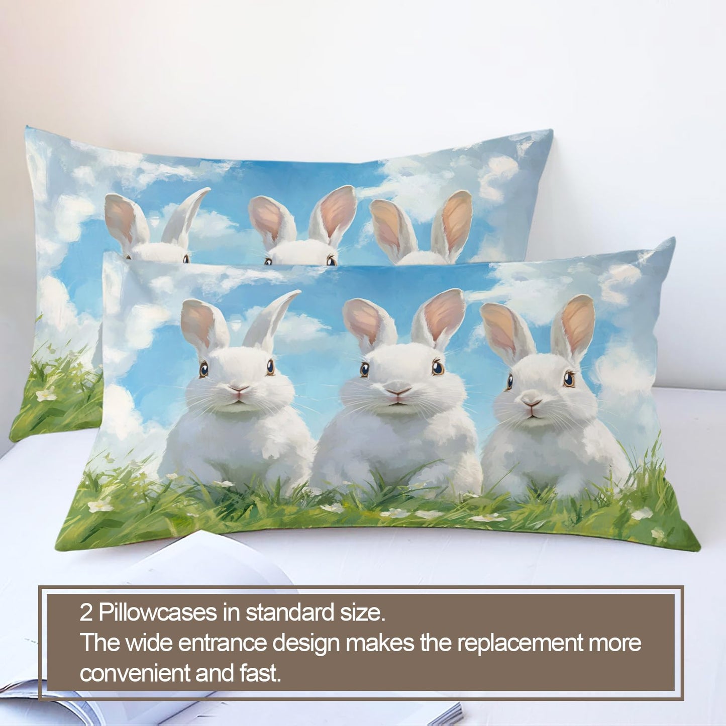 PAISUOQ Bunny/Kids Duvet Cover Queen Size, Cute Bunny Bedding Sets, 3 Piece, Soft Microfiber Patterned Comforter Cover with Zipper Ties & 2 Pillowcase, Easter Theme Bedroom Decor & Gifts
