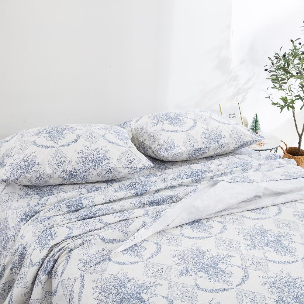DAUAOTO King Size Cotton Bedding Printed Sheets Set, Up to 14" Deep Mattress, Farmhouse Country Cottage Pattern Bedlinen Sets, French Blue