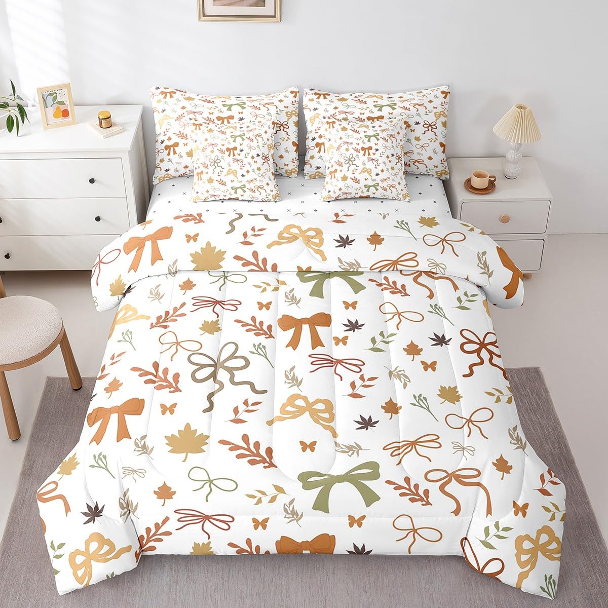 7 Pieces Fall Style Bow Comforter Set Full Size,Orange Green Bowknot Bedding Sets Kids Girls Boys Women Palm Leaves Rustic Boho Quilt + Fitted & Flat Sheets + 2 Cushion Cover + 2 Pillowcases