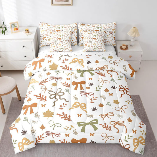 7 Pieces Fall Style Bow Comforter Set Full Size,Orange Green Bowknot Bedding Sets Kids Girls Boys Women Palm Leaves Rustic Boho Quilt + Fitted & Flat Sheets + 2 Cushion Cover + 2 Pillowcases