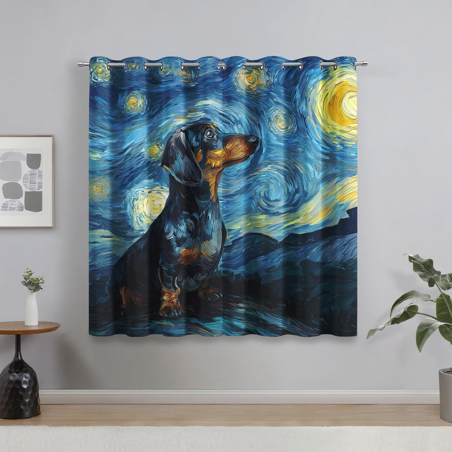 95% Blackout Starry Night Curtains - Oil Painting Dachshund Curtains for Bedroom Living Room Decor, Sausage Dog Home Decor, Thermal Grommet Black Out Drapes 84 Inches Long 2 Panel Set X59