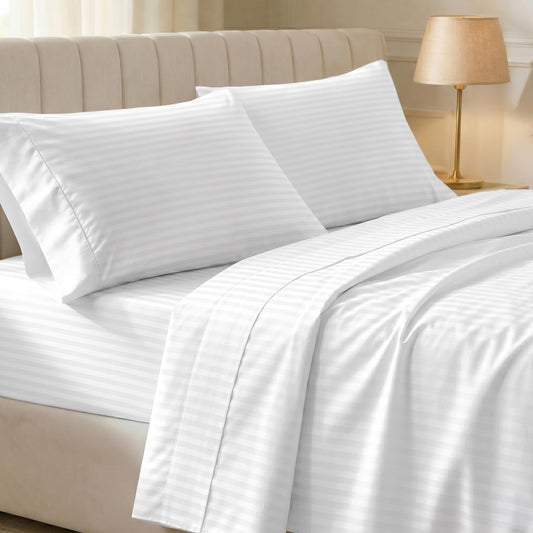 California Design Den Soft 100% Cotton Queen Sheet Set, 400 TC Good Housekeeping Award Winner, Silky Smooth Sateen Weave with Deep Pockets, Breathable and Durable Cotton Bedding Set - Striped White