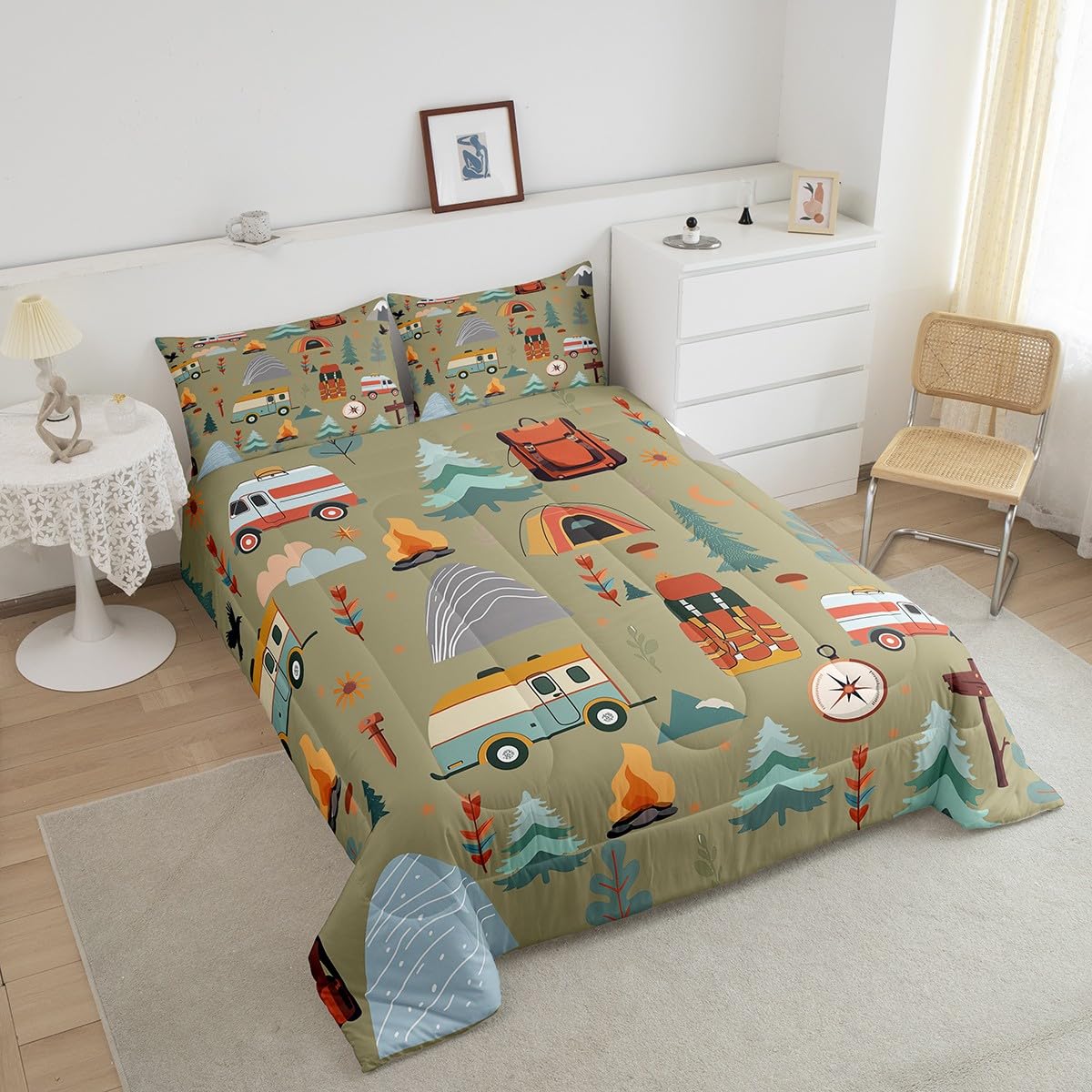 Feelyou Happy Camping Comforter Set for Kids Boys Girls Full Size Outdoor Themed Bedding Set Soft Travel Bag Tent Print Duvet Quilt Travel Trailers Comforter Camping Gifts Duvet Quilt