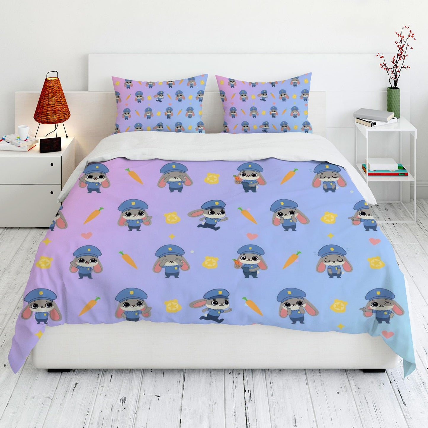 Allenjoy Cute Rabbit Carrot Police Animal World Comforter Set with 1 Pillowcase for Kids Boys Girls Teens Fans Bedroom Nursery Bedding Room Decor, Machine Washable, Twin Size
