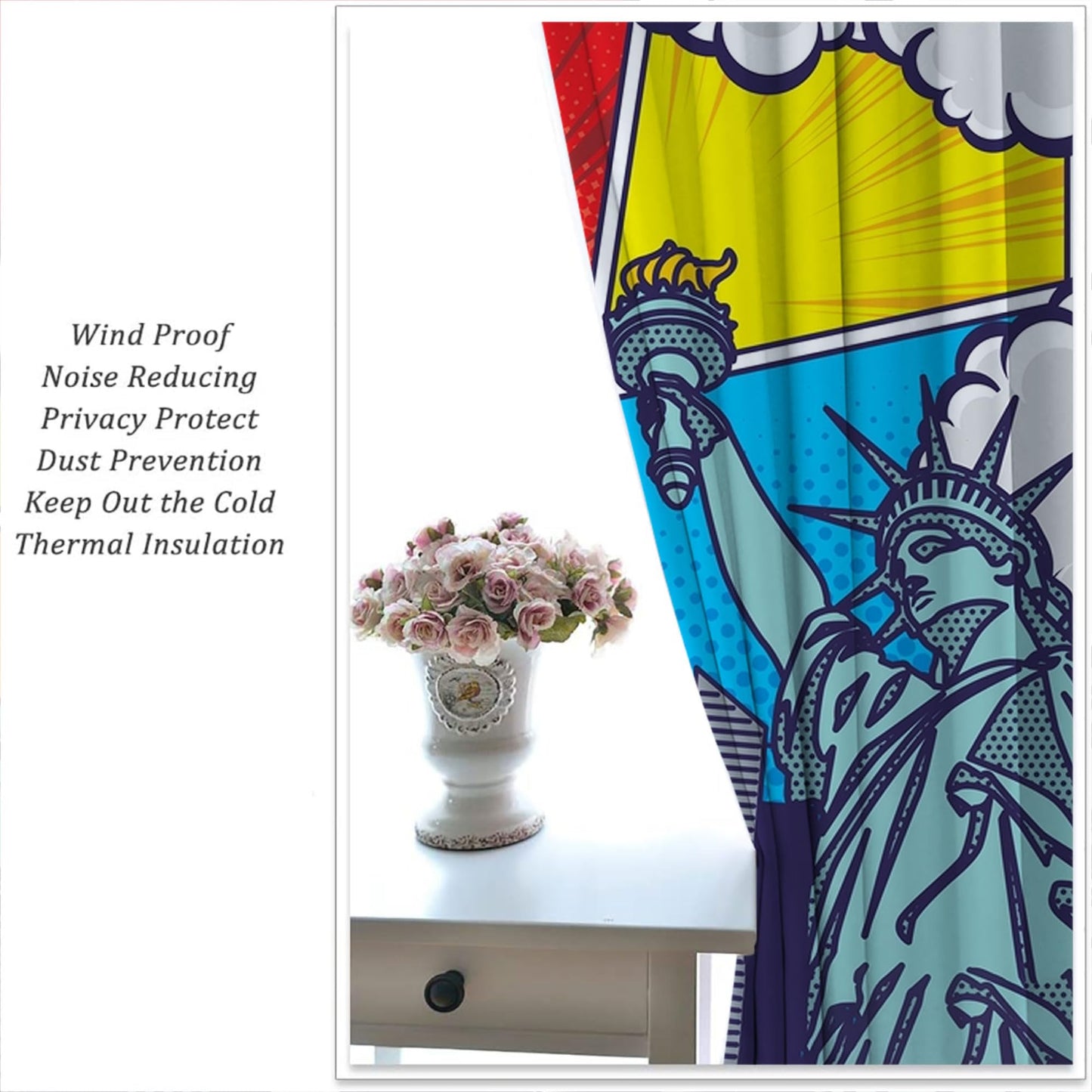 PYMATYTN City Rod Pocket Blackout Curtains for Boy Girl Bedroom, Pop Art Style New York Cityscape Thermal Insulated Home Window Drapes for Living Room Darkening, 42x45 inch