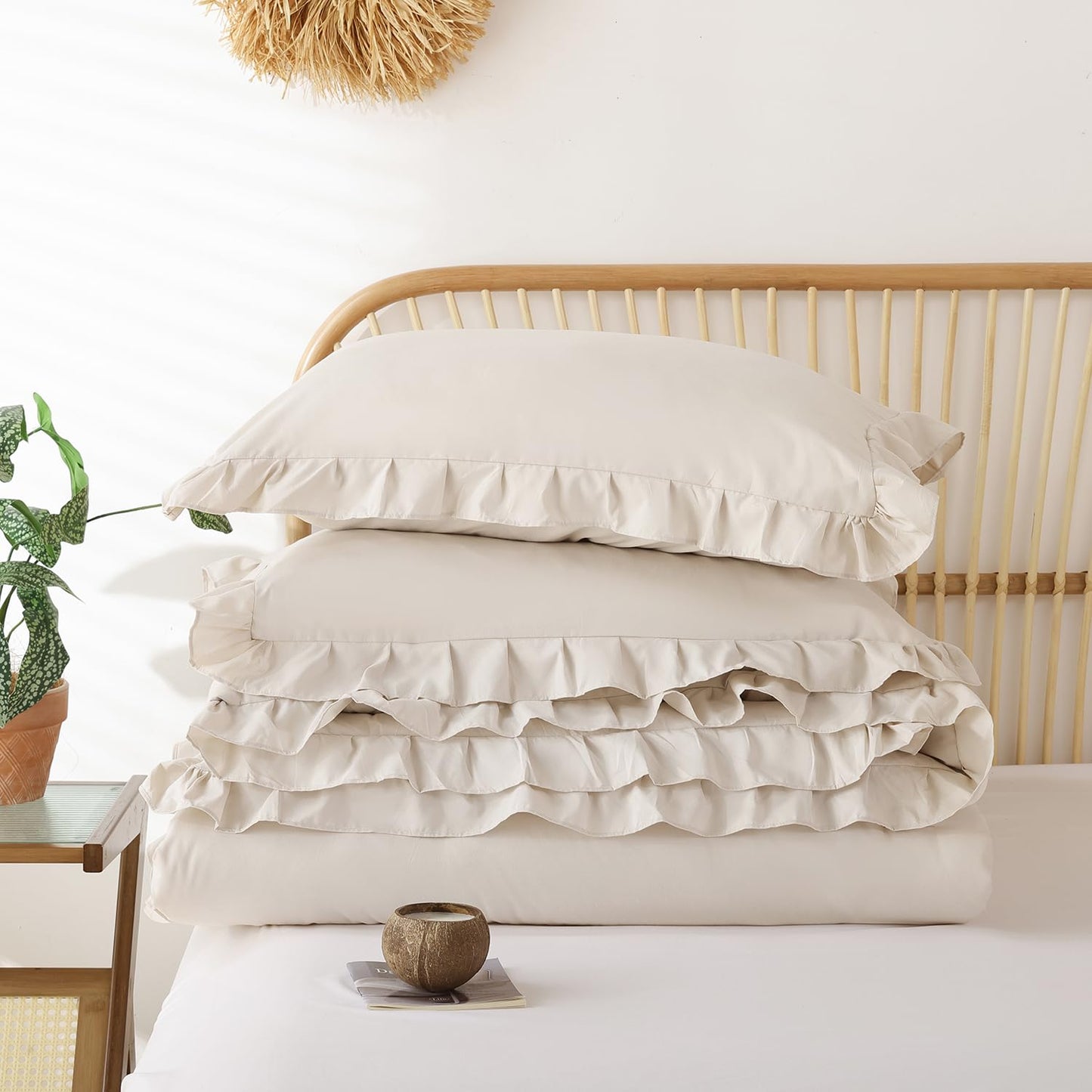 JANZAA Beige Comforter Set Queen – Soft Microfiber, Lightweight All Season Bedding, Ruffle Shabby Chic Aesthetic, Breathable Cozy Bed Set with 2 Pillow Shams, Machine Washable