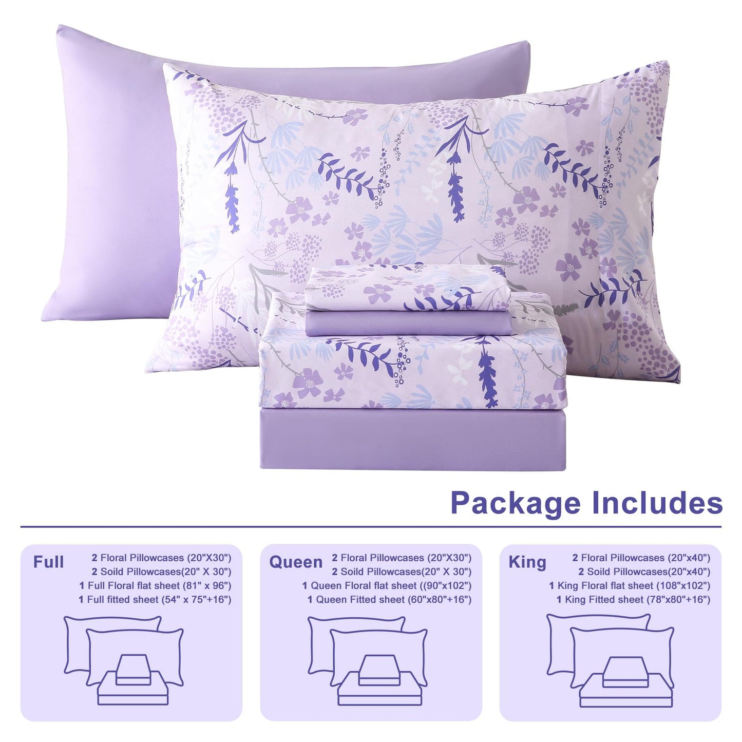Botanical 6-Piece King Size Sheets Set, Boho Floral Print Brushed Microfiber Sheets, Cooling Bed Sheet Set, Ultra Soft & Breathable, 16' Deep Pocket Fitted Sheet & Pillowcase Set, Purple Floral