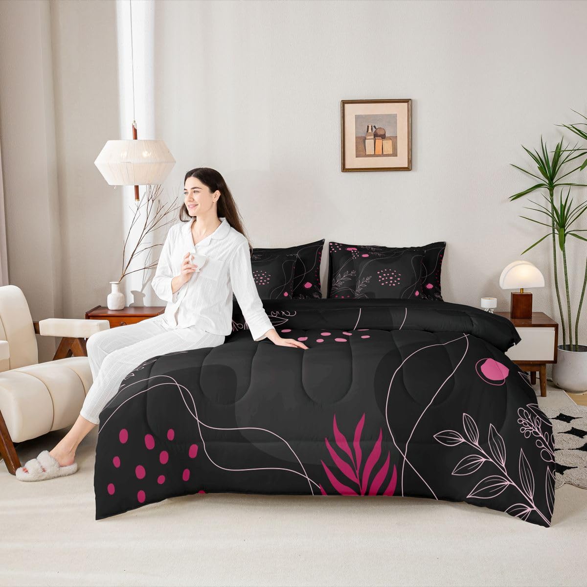 Erosebridal Boho Black Pink 7 Piece Comforter Set Full Bed in a Bag Mid Century Modern Bedding Sets Geometric Lines Comforter and Sheet Set, Modern Abstract Bed Sets