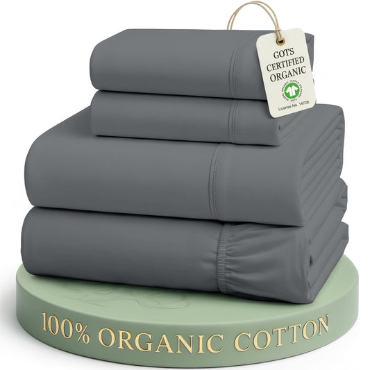 LANE LINEN Queen Sheet Set 100% Organic Cotton GOTS Certified Percale Weave Deep Pocket 4 Piece Soft Breathable Cooling Lightweight All Season Machine Washable Crisp - Charcoal