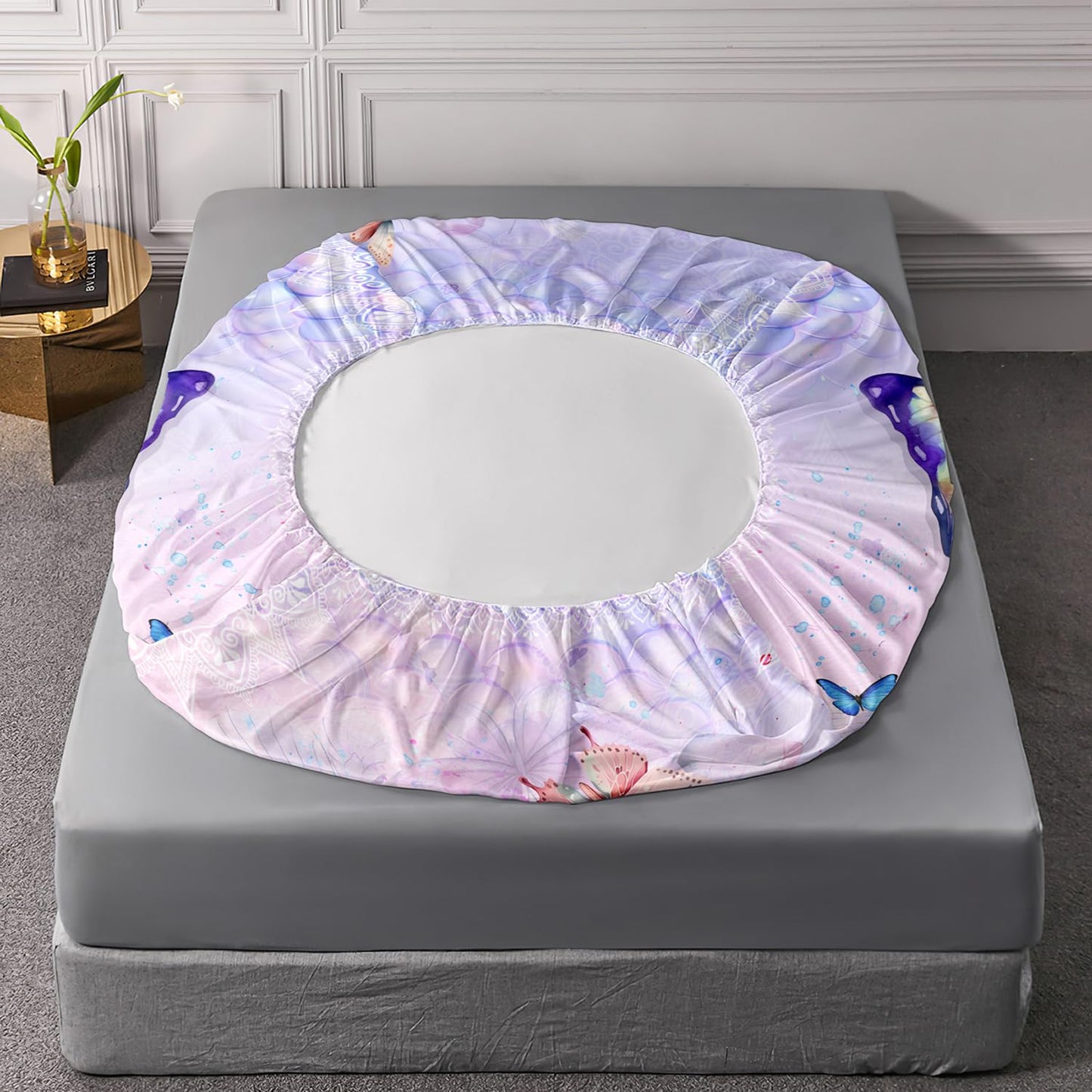 HOSIMA Butterfly Twin Fitted Sheet with 2 Pillowcases, Mandala Twin Bedding Sets for Girls Boys Women Room Decor, Purple Butterfly Bed Sheet with 15-Inch Deep Pockets