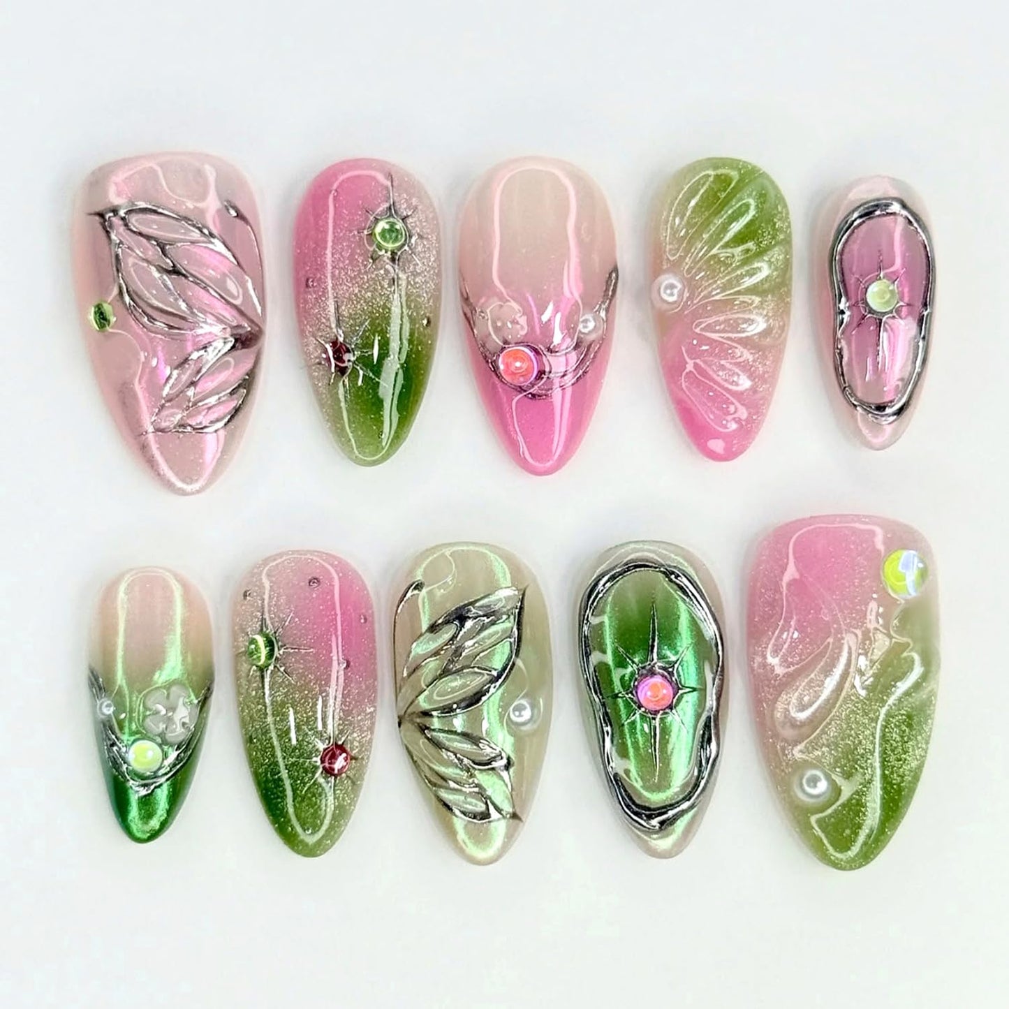 30Pcs Gradient Pink Glitter Green Smudge Press on Nails Medium Almond Fake Nails with 3D Rhinestone Design Butterfly Flower False Nails Full Cover Star Chrome Silver Acrylic Stick on Nails for Women