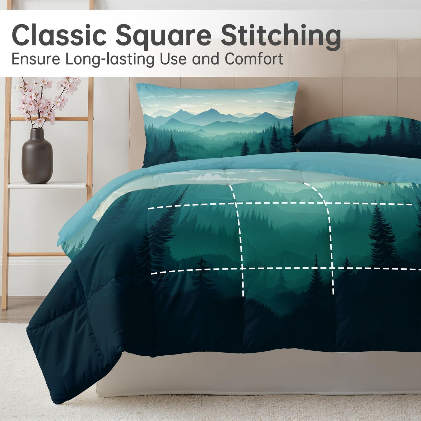 Misty Forest Comforter Set Queen Size 3 Pcs - All Season Duvet Insert & 2 Pillowcases, Mountain Bedding Set, Soft Lightweight Down Alternative Comforter, Landscape Bedroom Decor