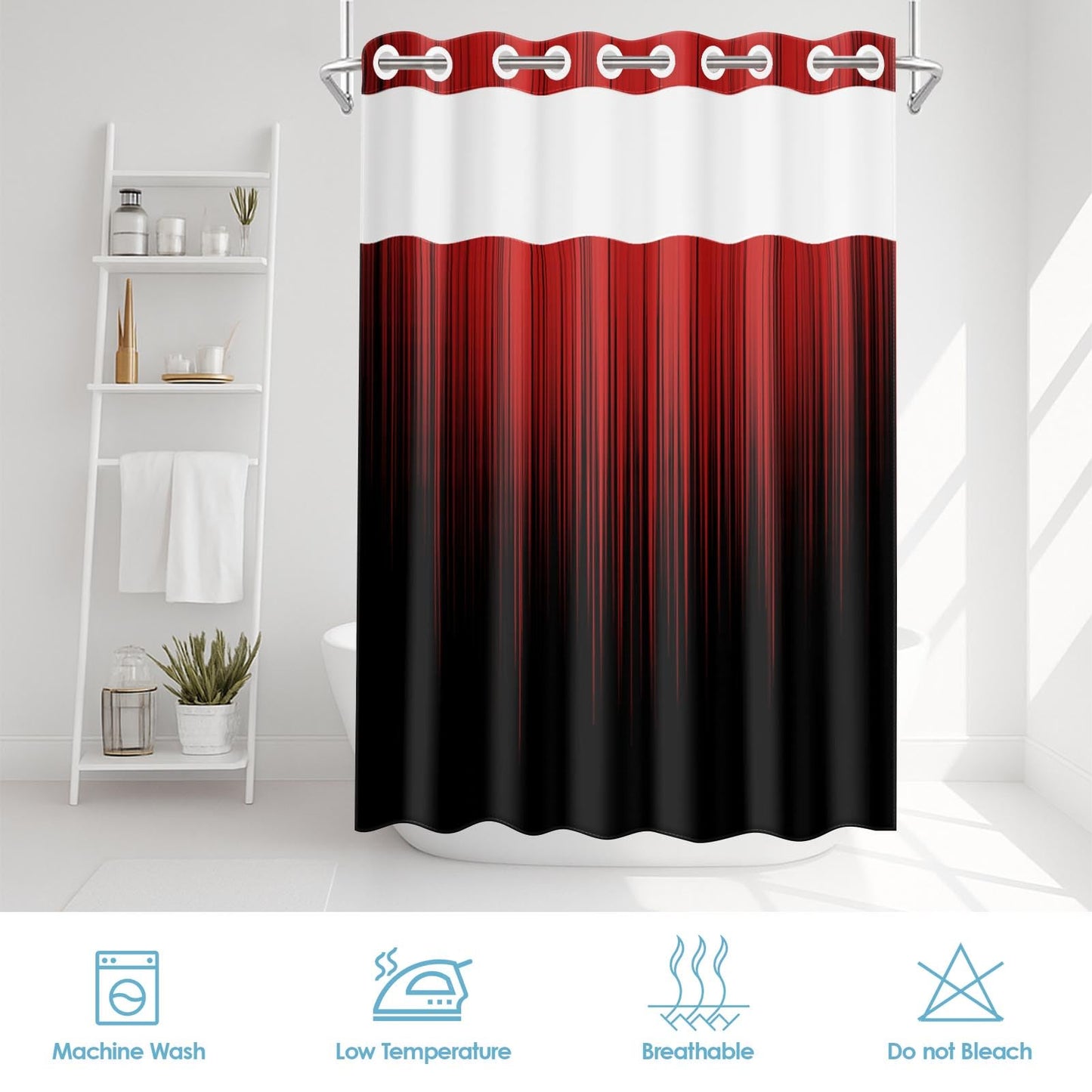 Nesphy No Hook Red and Black Ombre Shower Curtain with Snap in Fabric Liner Set, Simple Artistic Aesthetic Double Layers Waterproof Fabric with See Through Top Window Open Grommet Curtain 71x74 Inch