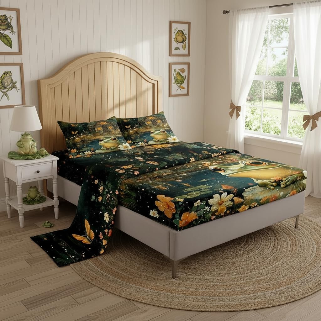 Manfei Wild Frog Bed Sheet Set Twin Size,Lodge Cabin Rustic Lake Animal Sheet Set,Jungle Daisy Flowers Butterfly Dreamy Starry Bedding Set with 1 Flat & 1 Fitted Sheet with 1 Pillow Sham